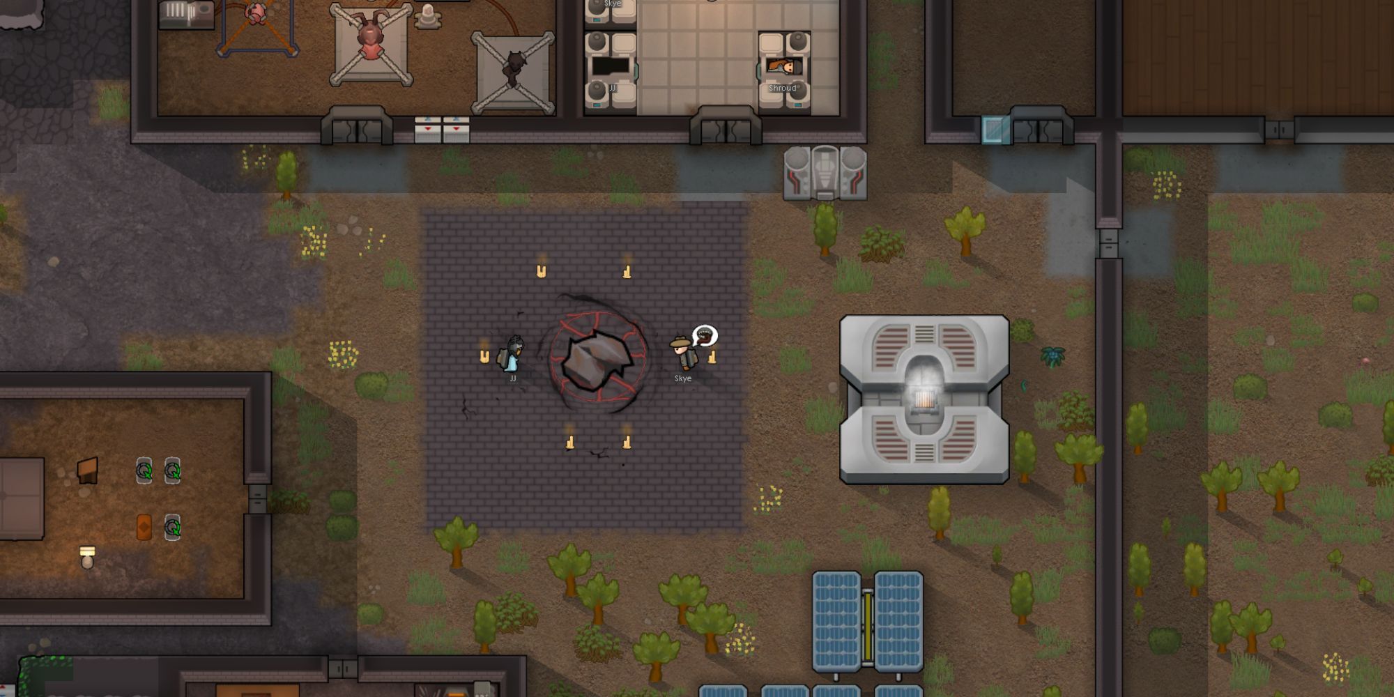 Two rimworld pawns perform a dark psychic ritual with a hunk of bioferrite