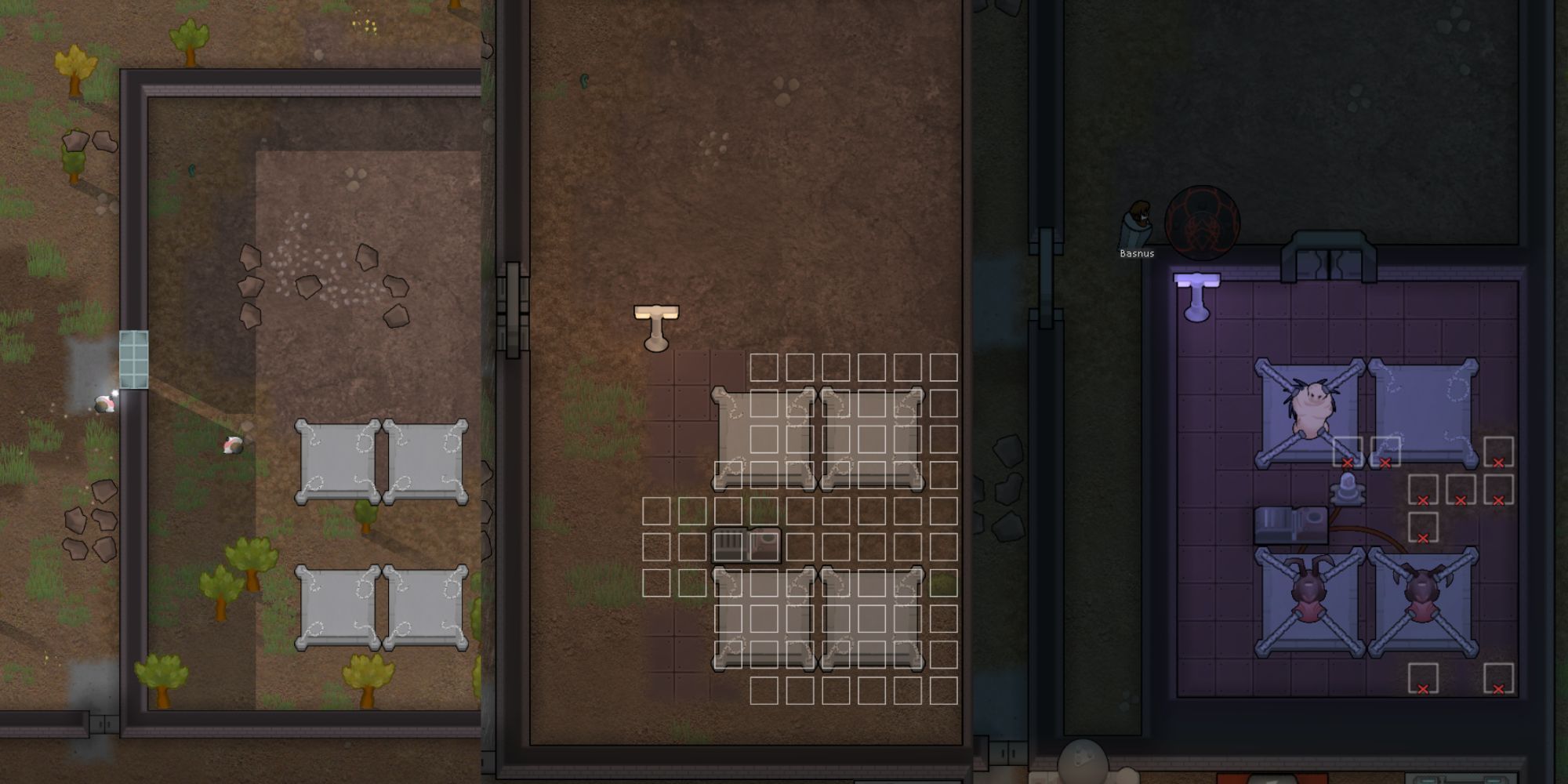 A progression of different containment cells used in Rimworld Anomaly. A pawn hauls a nociosphere into containment on the completed room