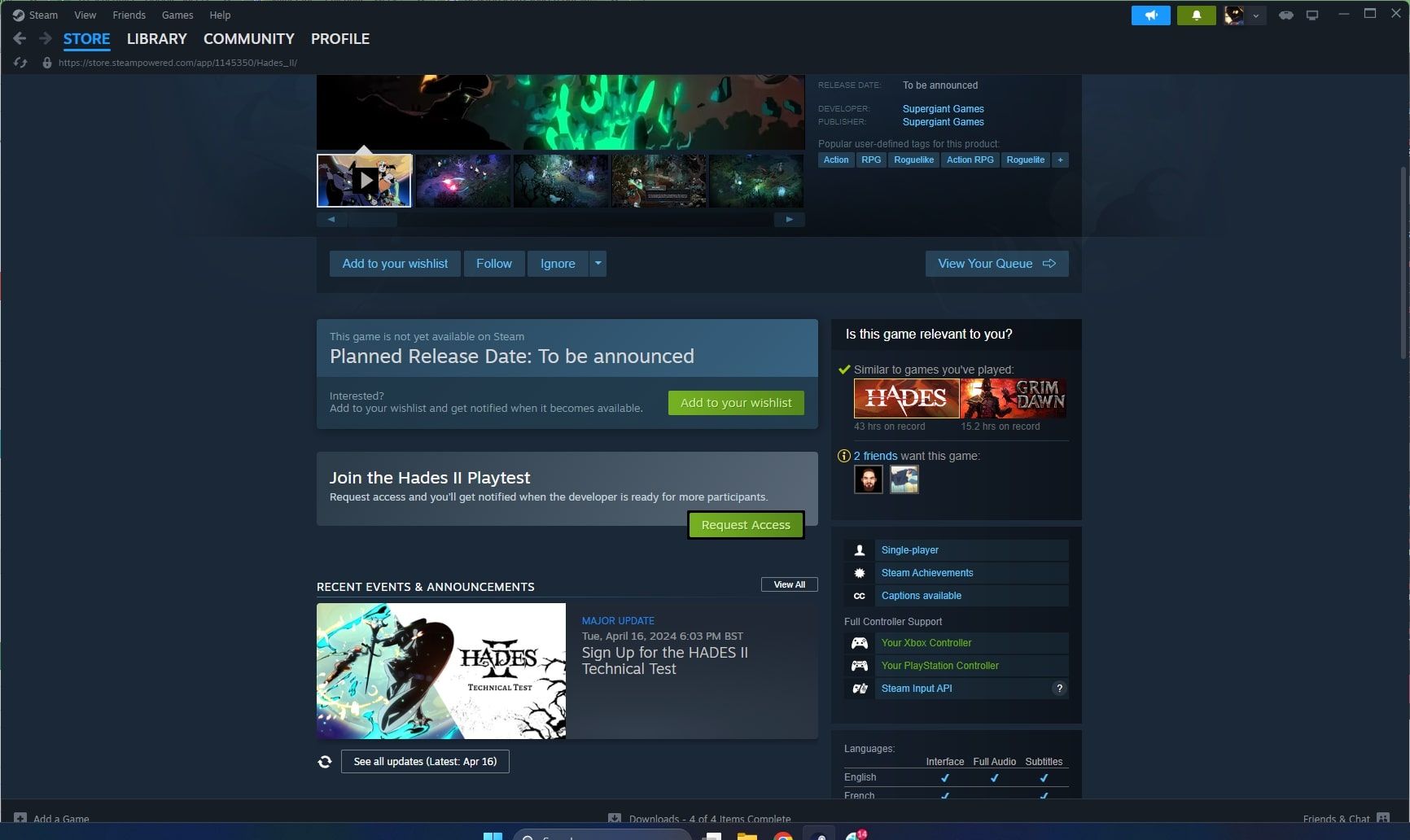 The Hades 2 Steam Page with the Technical Test button