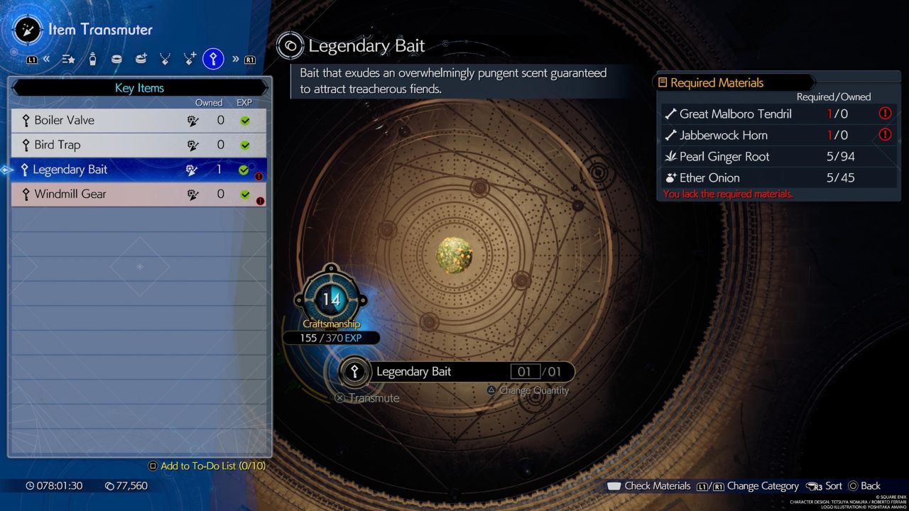The item transmutation menu showing the necessary crafting materials for Legendary Bait in Final Fantasy 7 Rebirth.