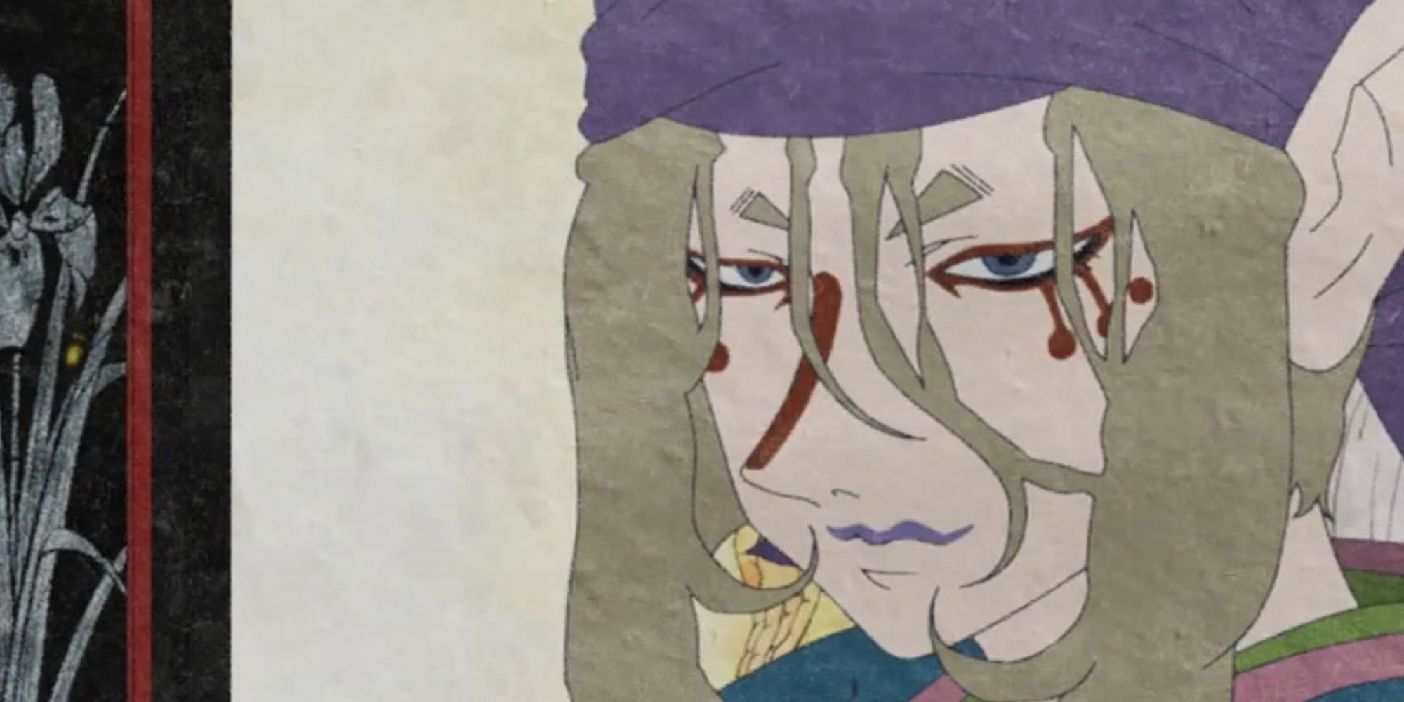 The Medicine Seller from Mononoke, adorned with his purple hair piece and makeup