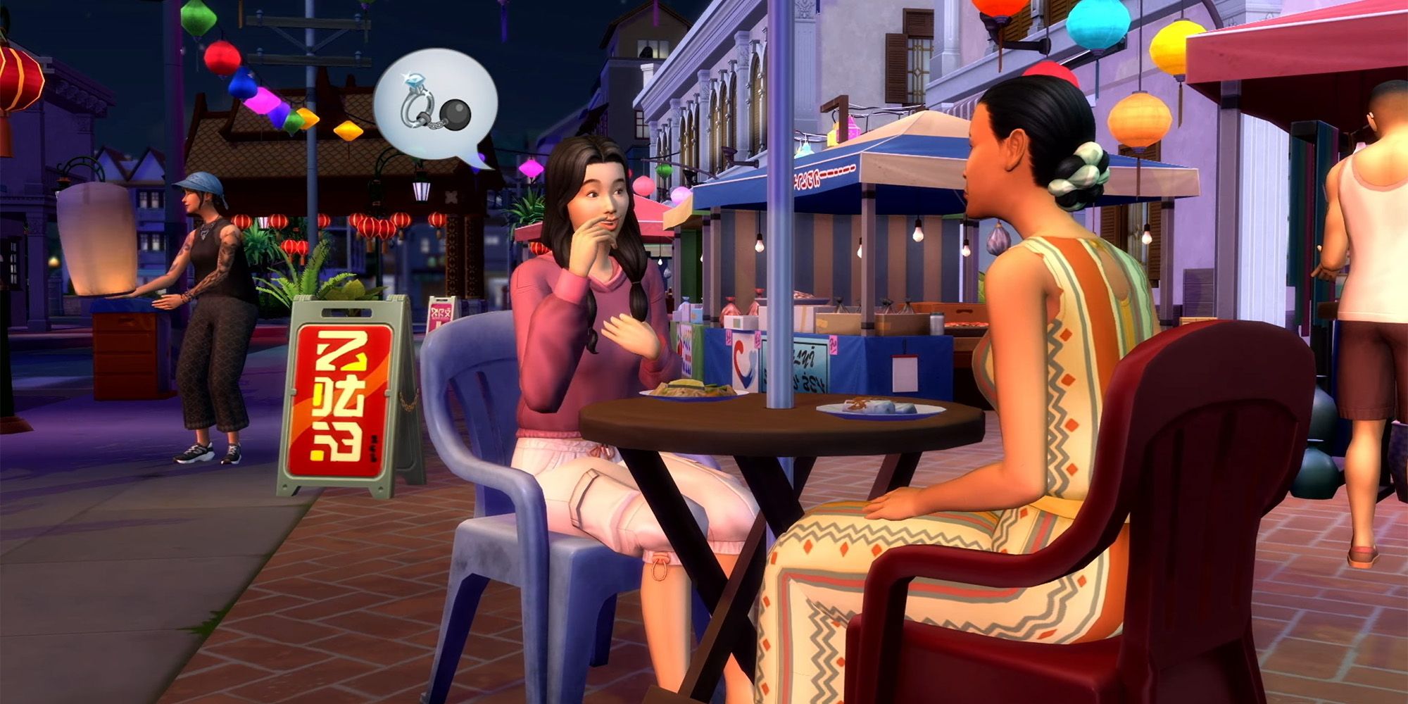 Two Sims talking over dinner in The Sims 4