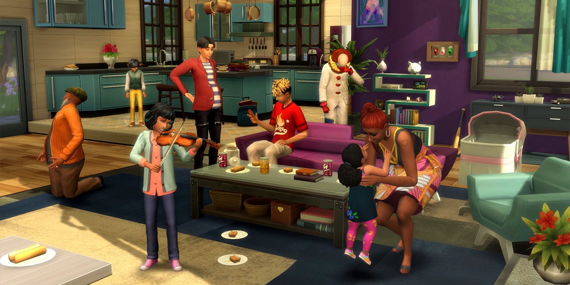 A group of Sims hanging out in a living room in The Sims 4.