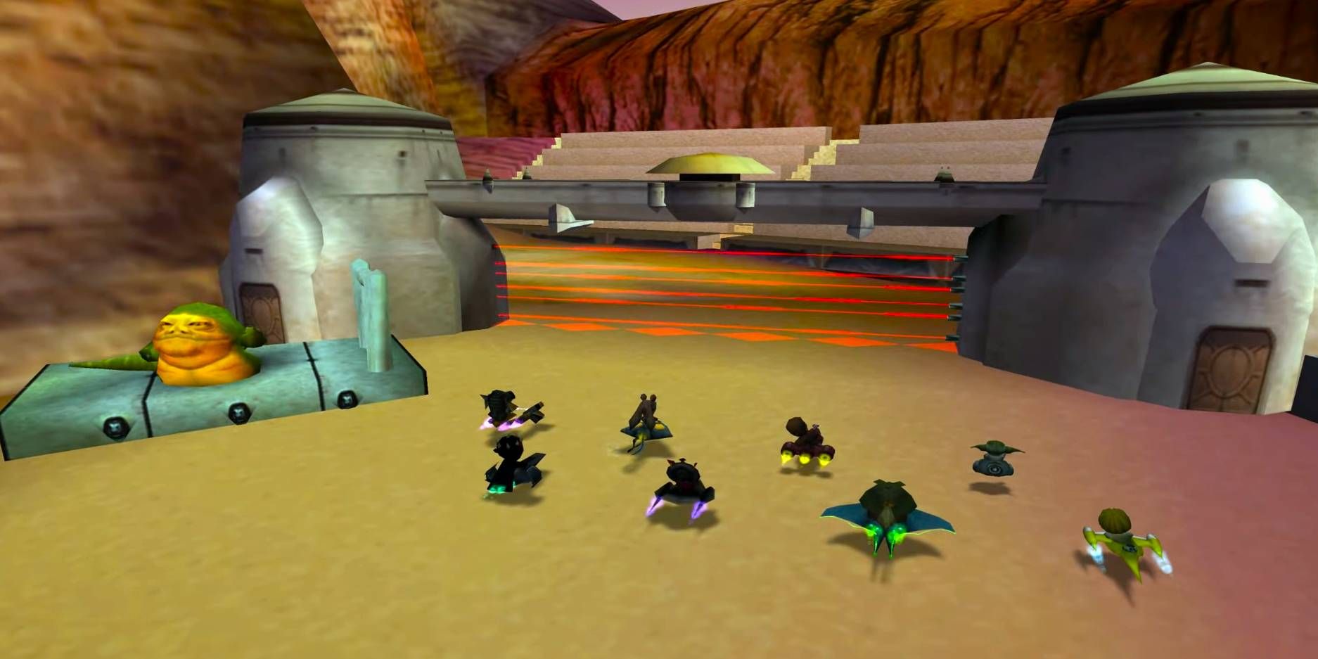 The starting line on Tatooine in Star Wars Super Bombad Racing