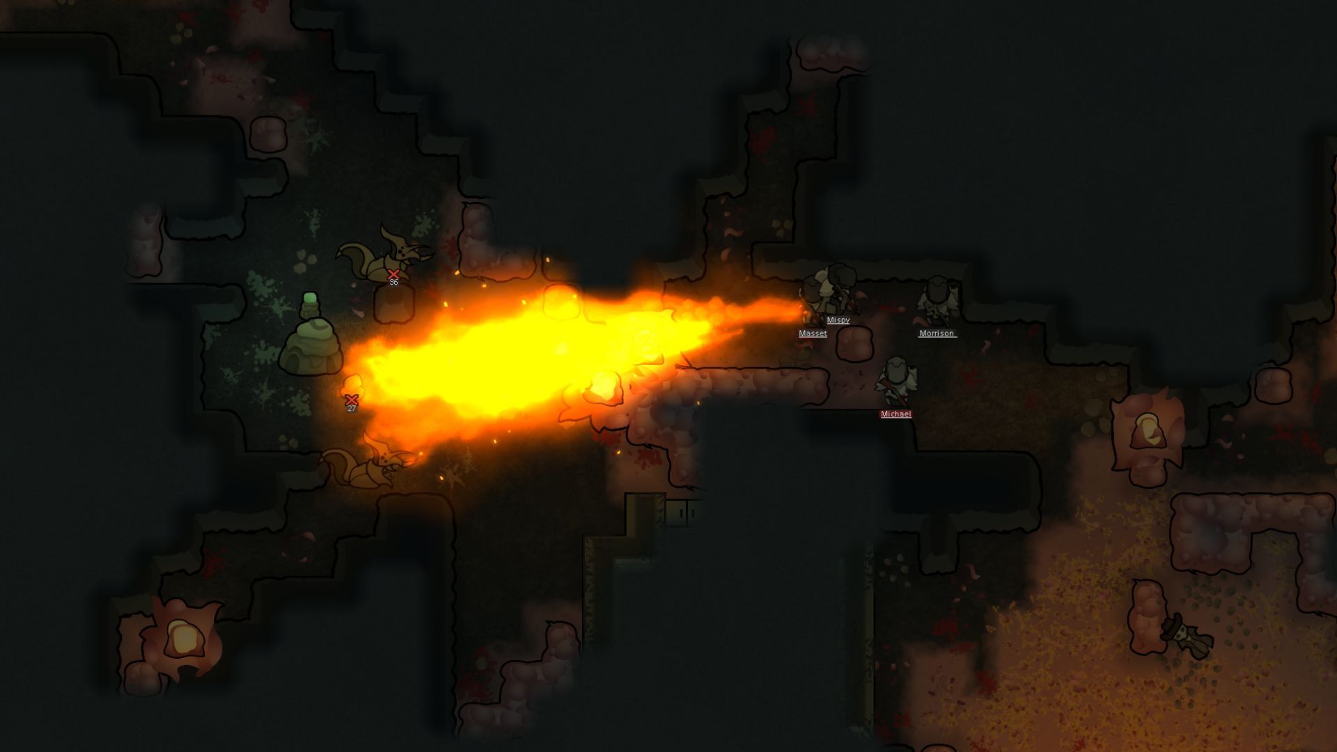 A pawn uses the Hellcat Rifle's underbarrel flamethrower to clear out an underground infestation