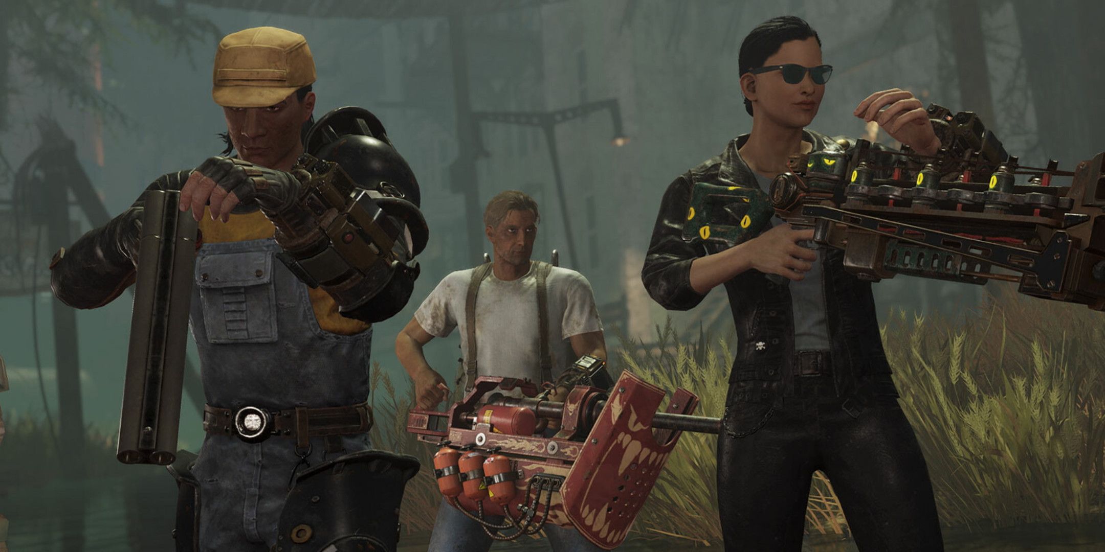 Three Fallout 76 players with various weapons stood in a swamp