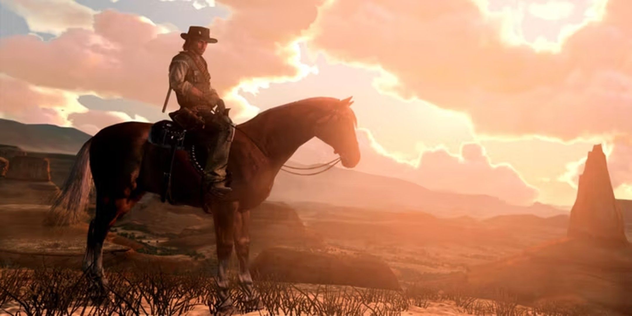 John Marston rides a horse in the desert.