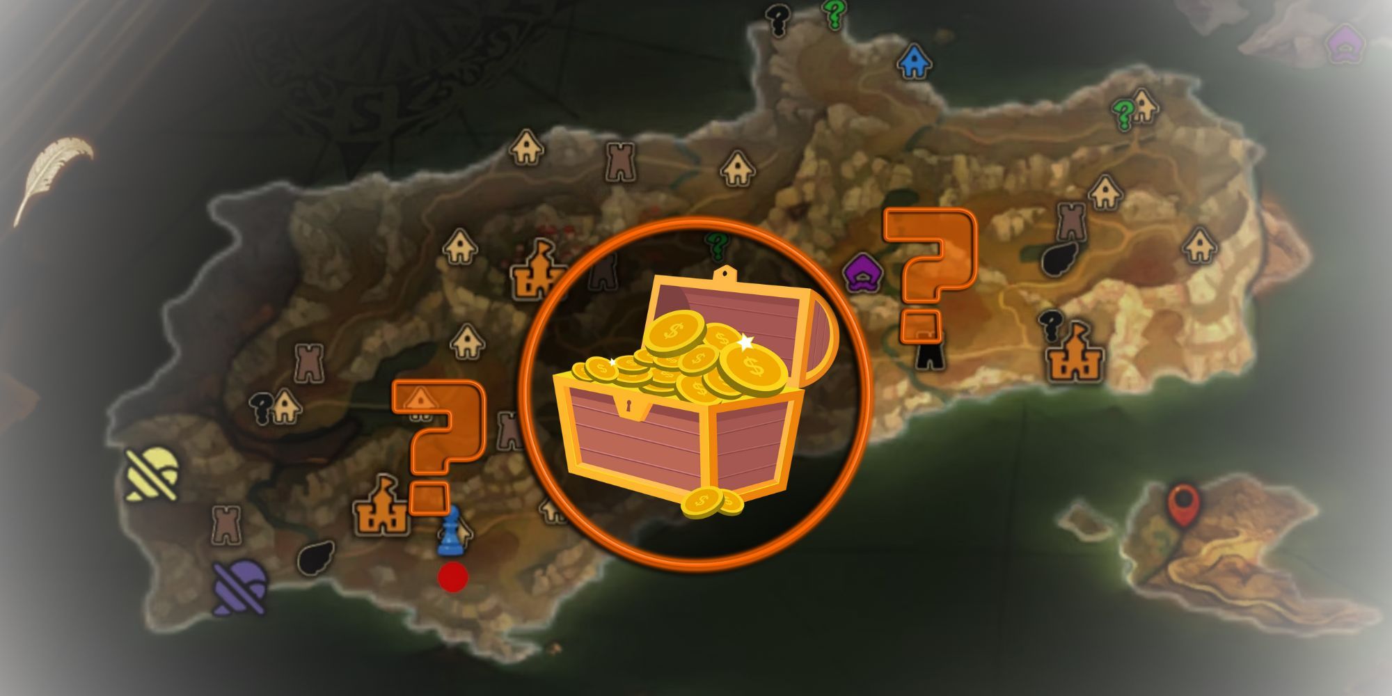 Treasure chest with question marks over Albion from Unicorn Overlord