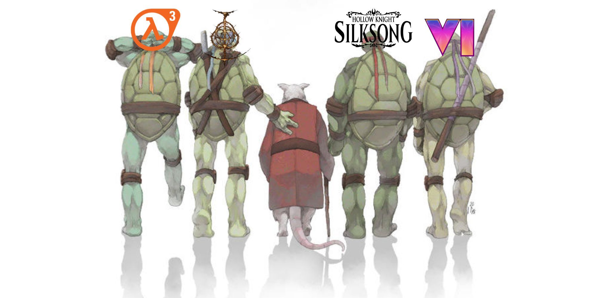 Turtles walking with Splinter meme, with Half life 3, Elden Ring, Silksong, and GTA 6 logos