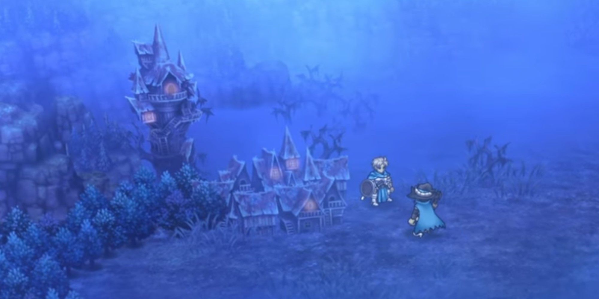 Two characters talk in a spooky forest near an eerie village in Unicorn Overlord.