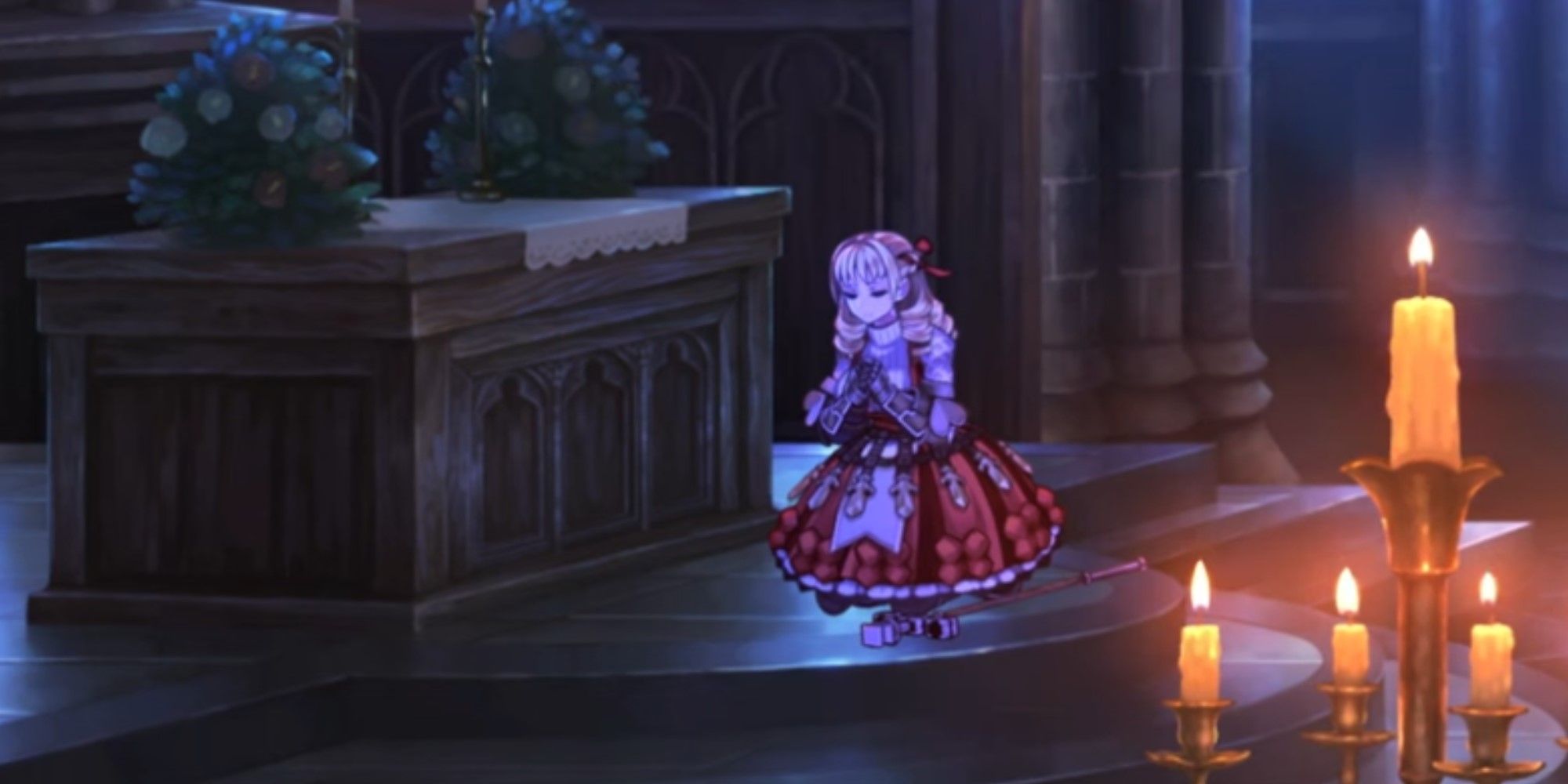 Scarlett prays at the altar in Unicorn Overlord.