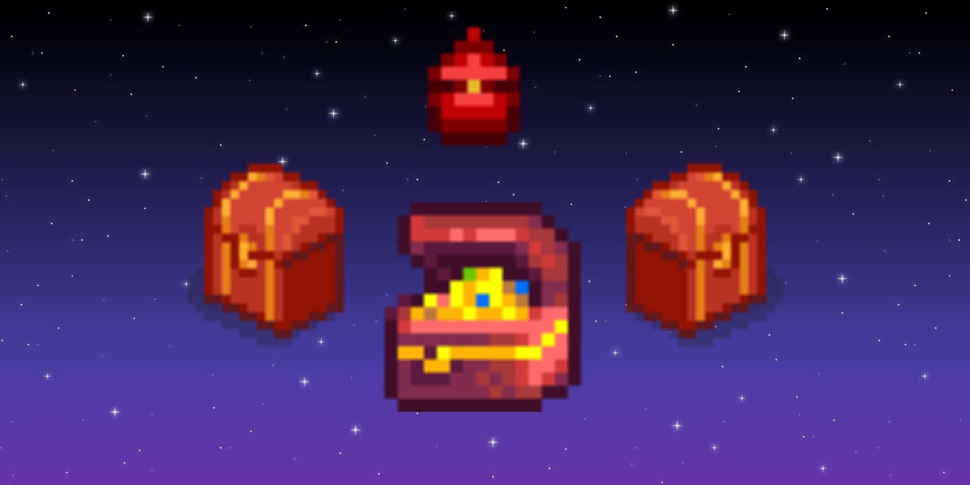 Stardew Valley: Two fishing treasure chests, an open treasure chest, and the treasure hunter bobber all arranged over a starry purple sky.