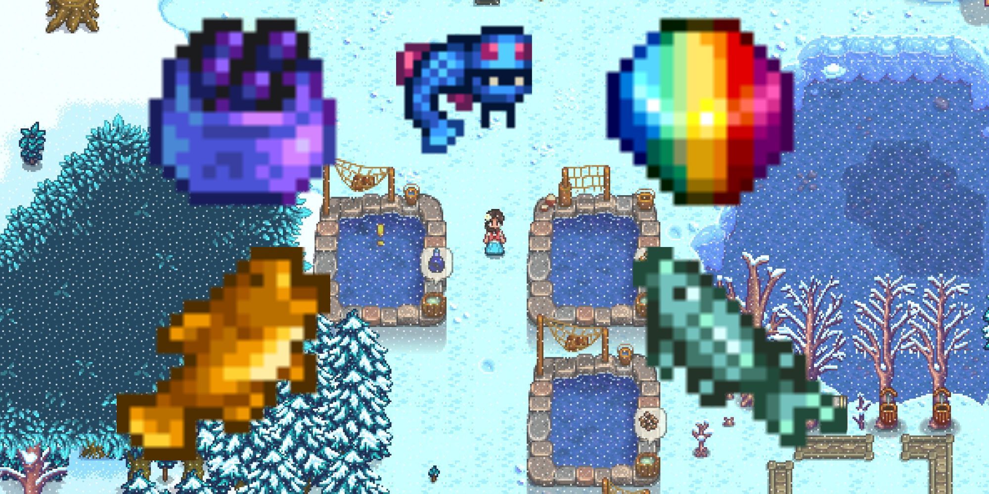 Stardew Valley: An image of the player next to their fish ponds while a prismatic shard, goby, caviar, the glacierfish, and a sturgeon are overlain over the image.