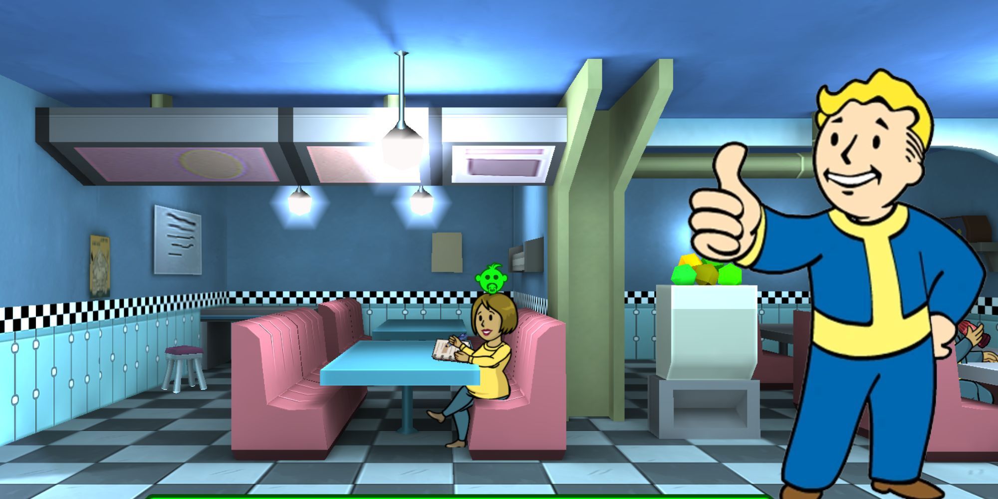 Fallout Shelter: An image of a pregnant Dweller in the Diner and Vault Boy giving a thumbs up.