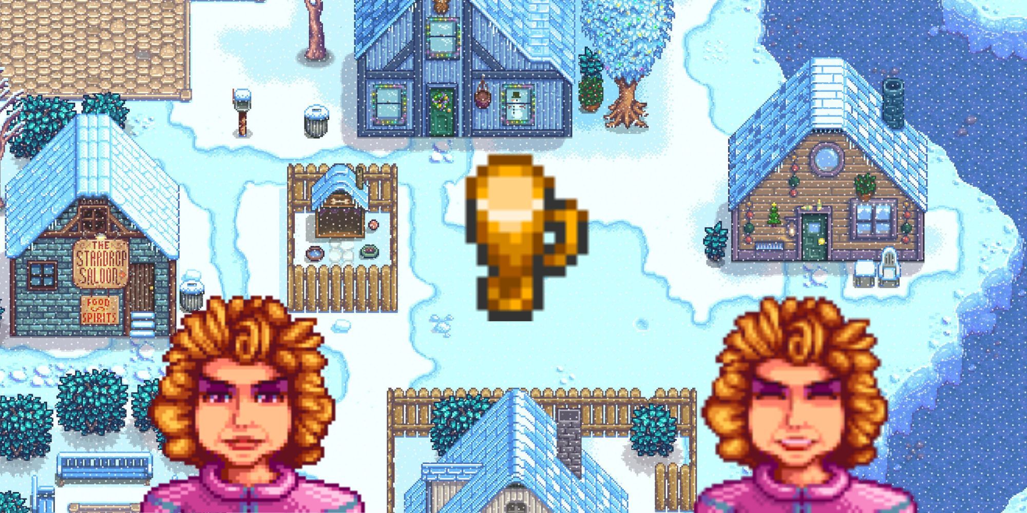 Stardew Valley: Two images of Pam and a Pale Ale in between them. 