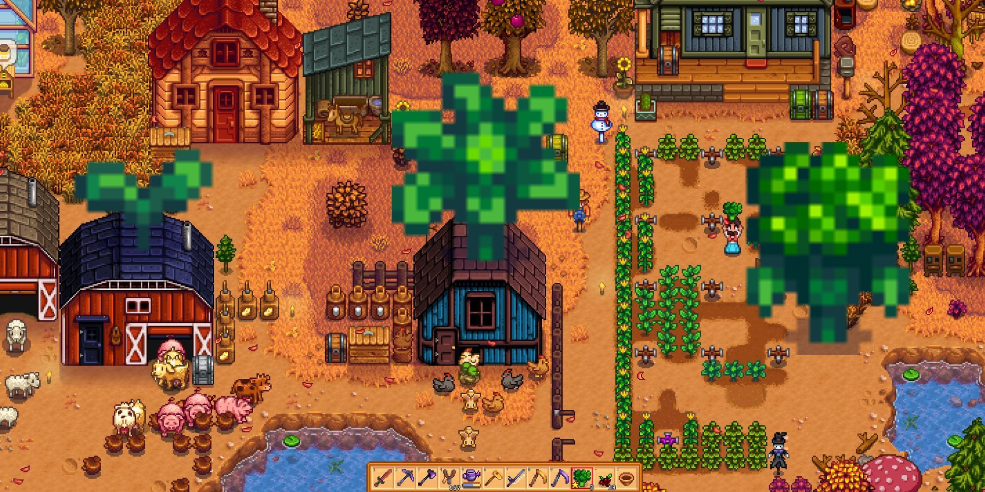 Stardew Valley: Three stages of Broccoli over an image of the player's farm in autumn