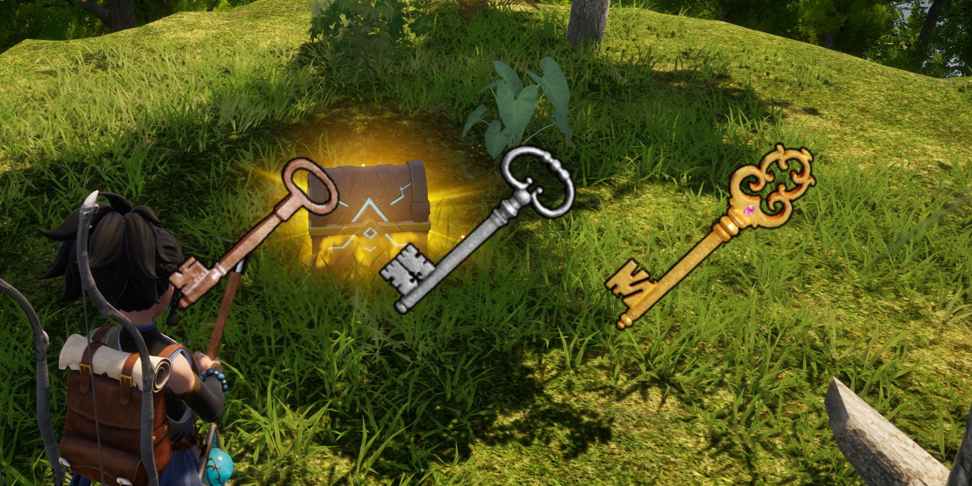 Palworld: An image of the player opening a silver chest with a copper, silver, and gold key over the image.