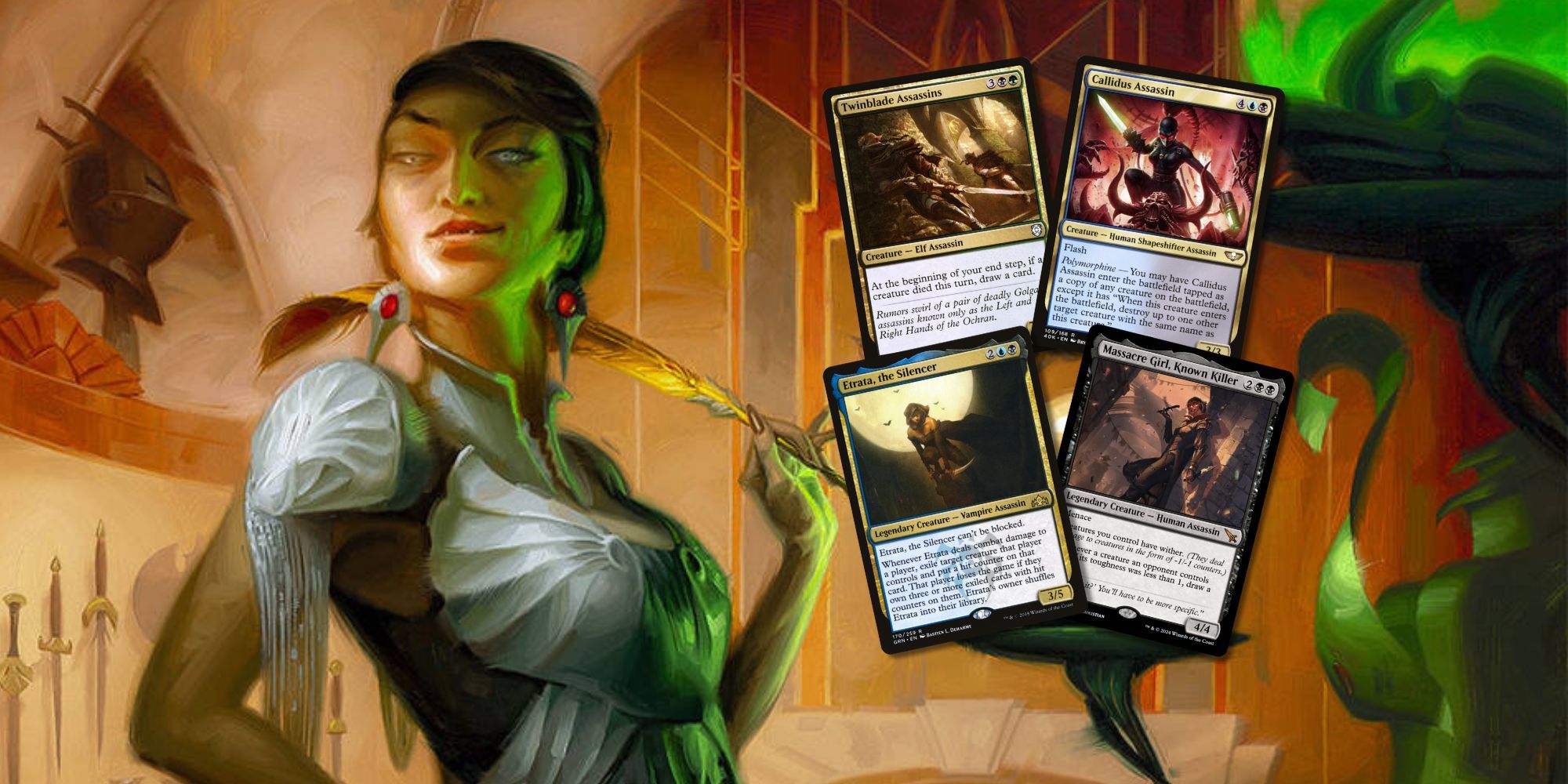 MTG card art for Mari, the killing quill next to card images of callidus assassin, etrata, the silencer, massacre girl, known killer, and twinblade assassins