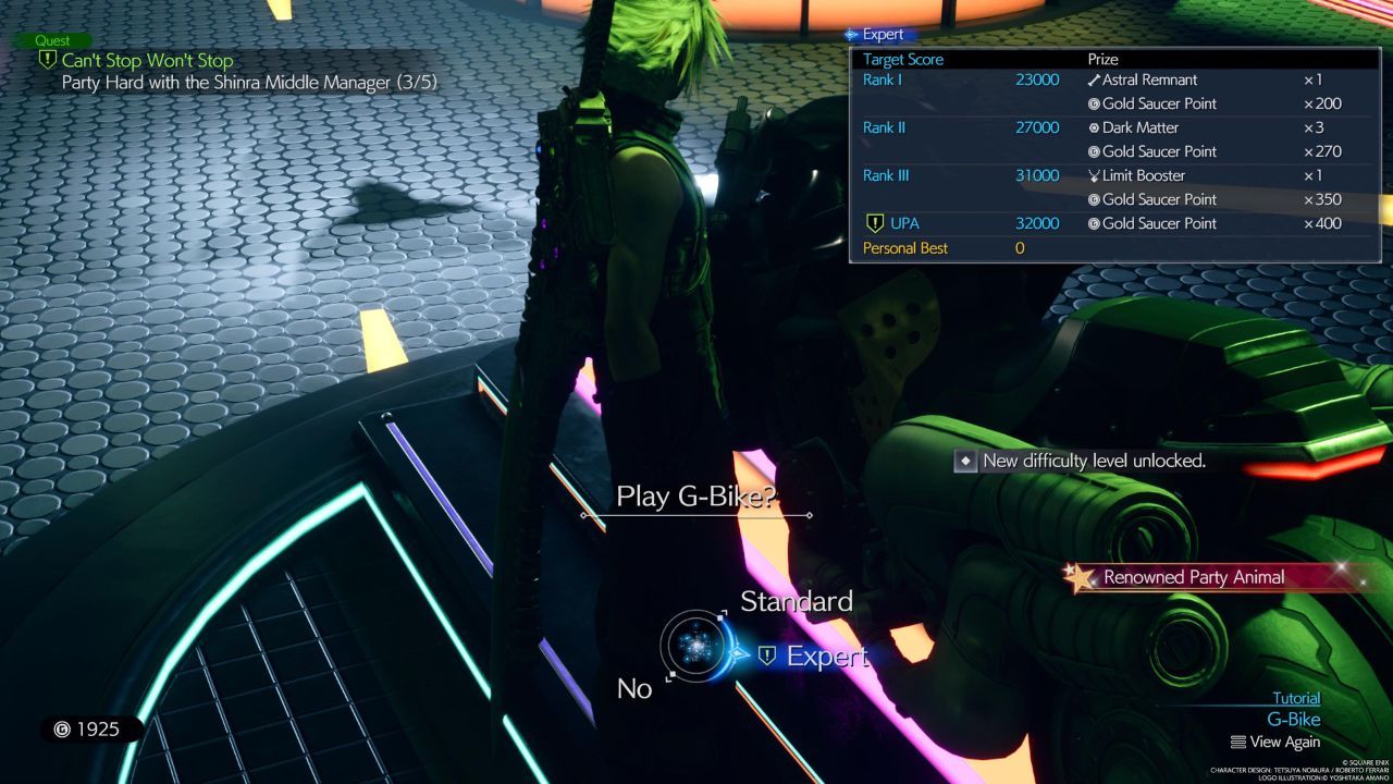 The scoreboard for G-Bike with the UPA&rsquo;s score in Final Fantasy 7 Rebirth.