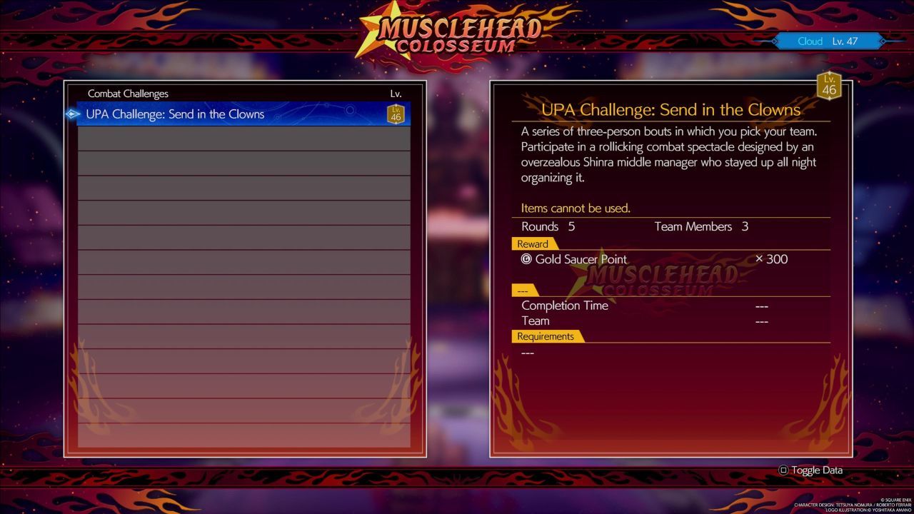 The UPA Challenge in the Musclehead Colosseum menu in Final Fantasy 7 Rebirth.