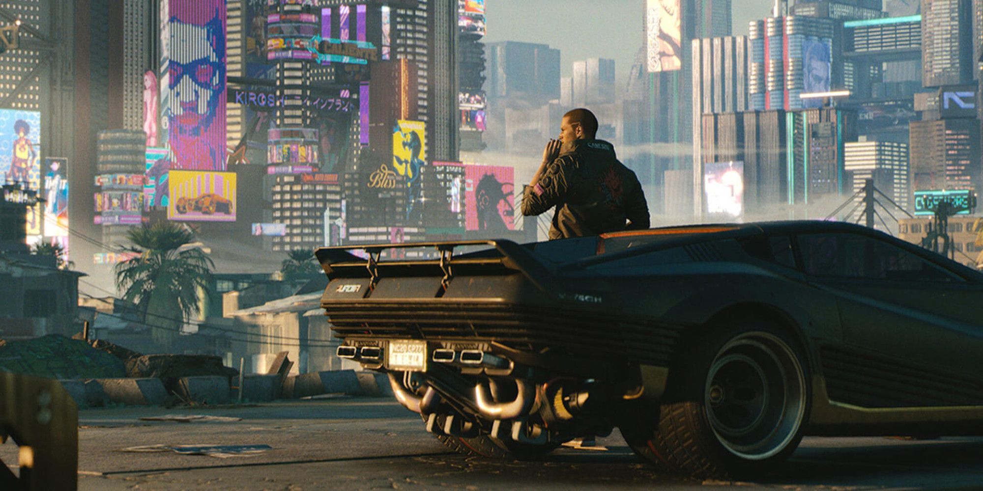 V smoking next to his car with Night City in the background