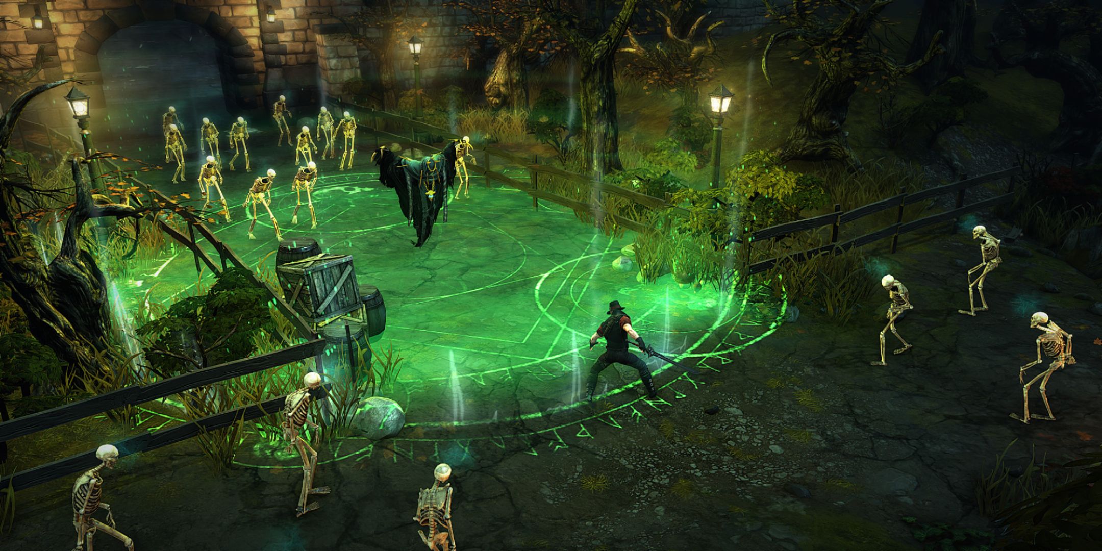 شخصیت Victor Vran ARPG در مقابل گروهی از اسکلت ها.