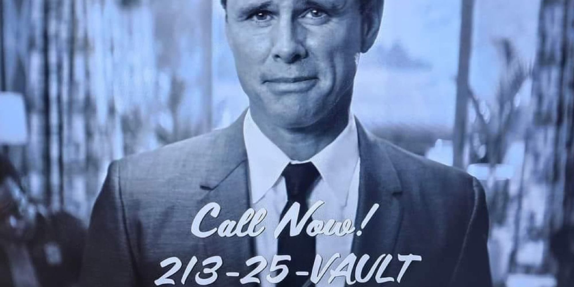Walter Goggins character in Fallout series during an infomercial with the text Call Now 213-25-VAULT on the bottom
