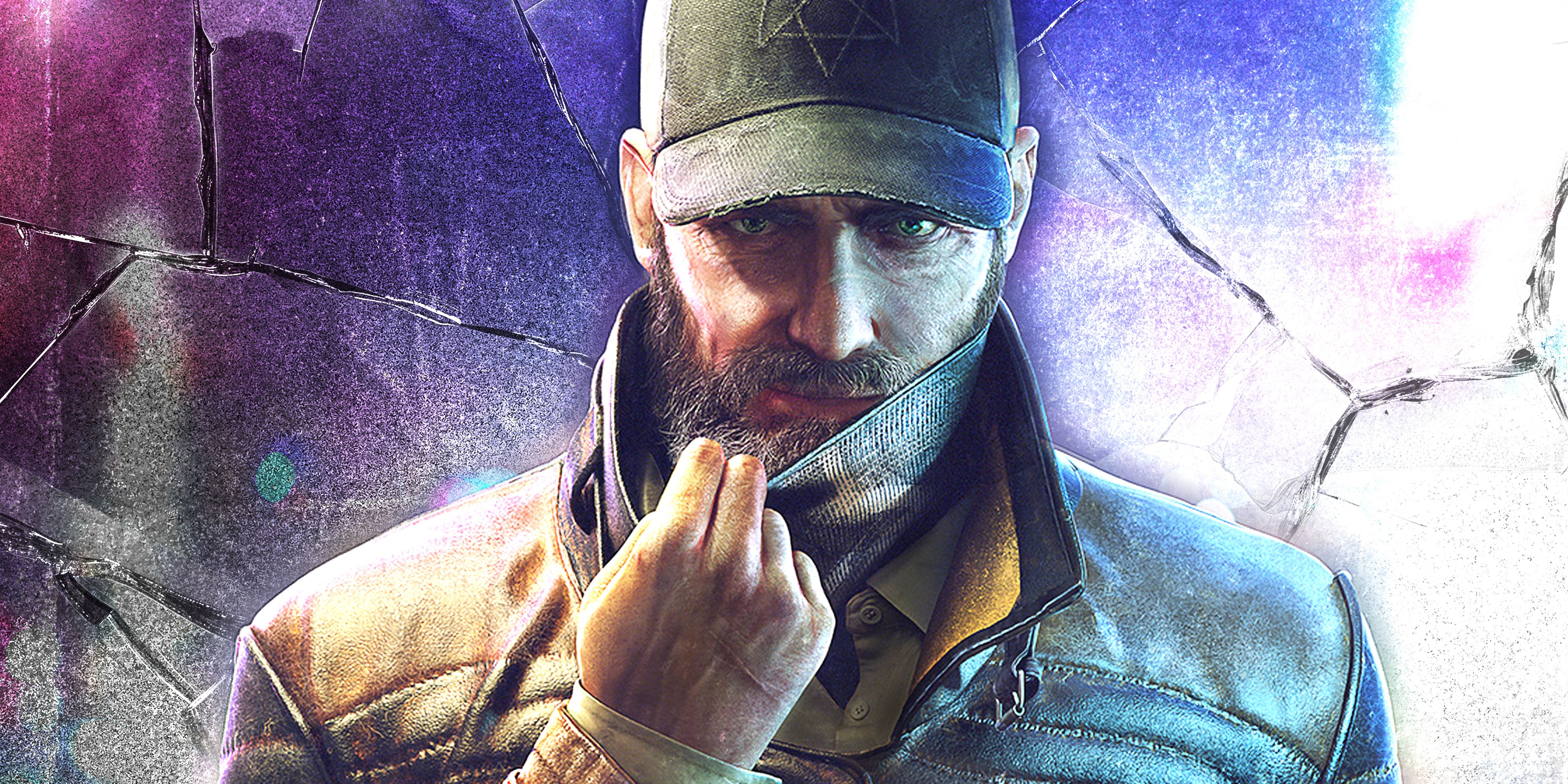 Aiden Pearce with a beard, ball cap, and mask in Watch Dogs: Legion with a cracked purple background