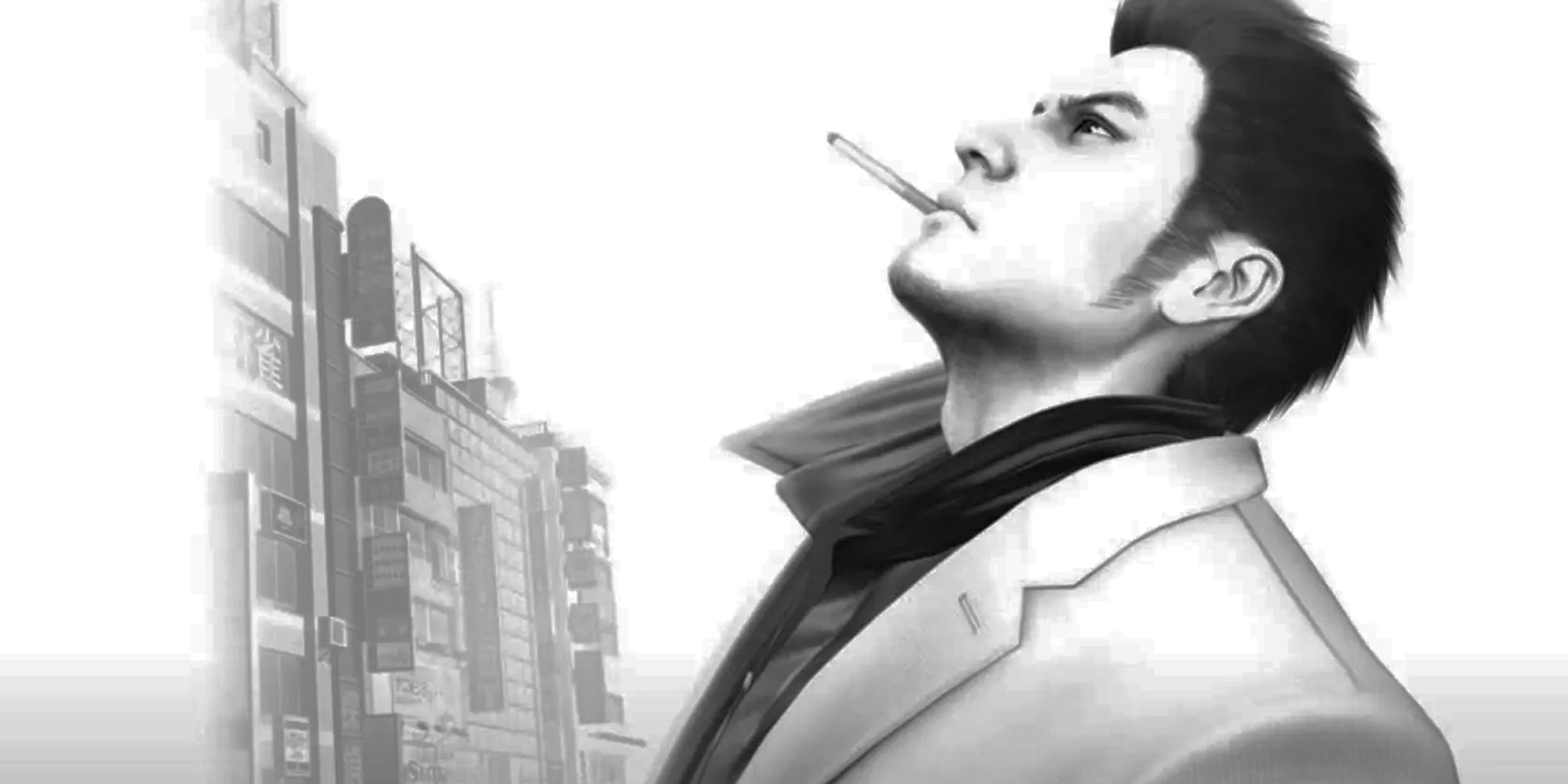 Yakuza 3 black and white cover art of Kiryu smoking