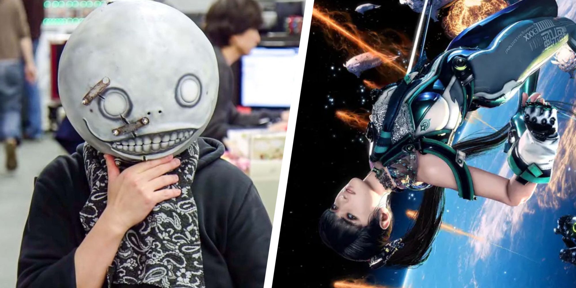 Yoko Taro on the left and Stellar Blade protagonist Eve floating through space on the right