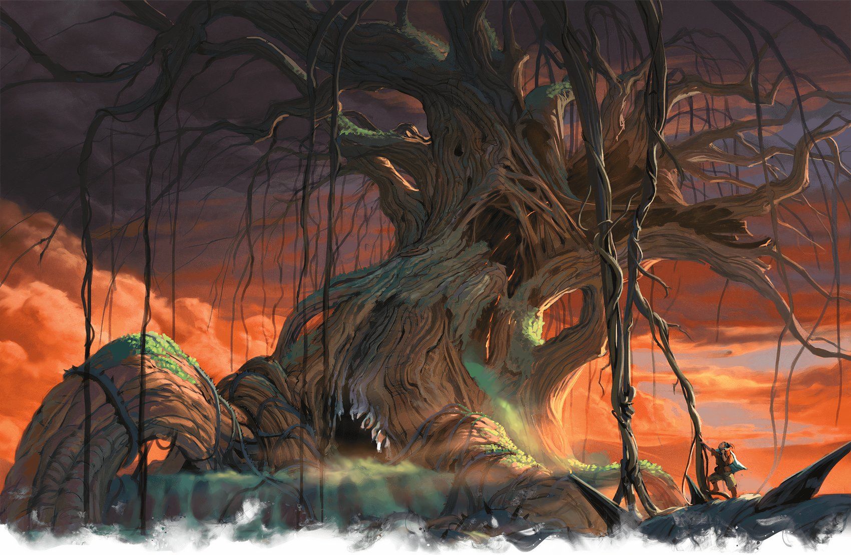 The Magical Peylon Tree is slumped over against an orange sky in DND Vecna Eve of Ruin