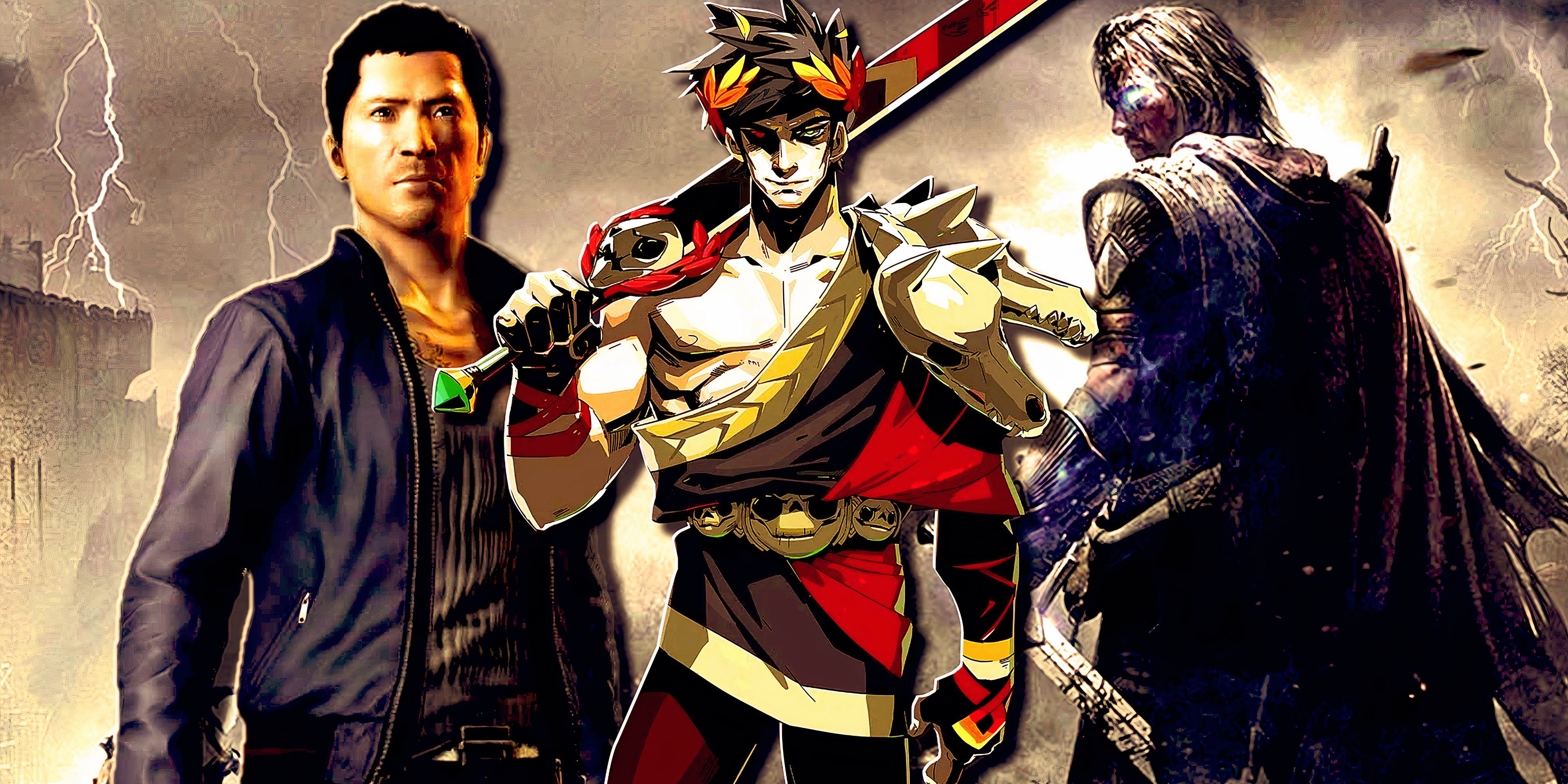 Wei Shen (Sleeping Dogs), Zagreus (Hades) and Talion (Middle-Earth: Shadow of Mordor) standing side by side