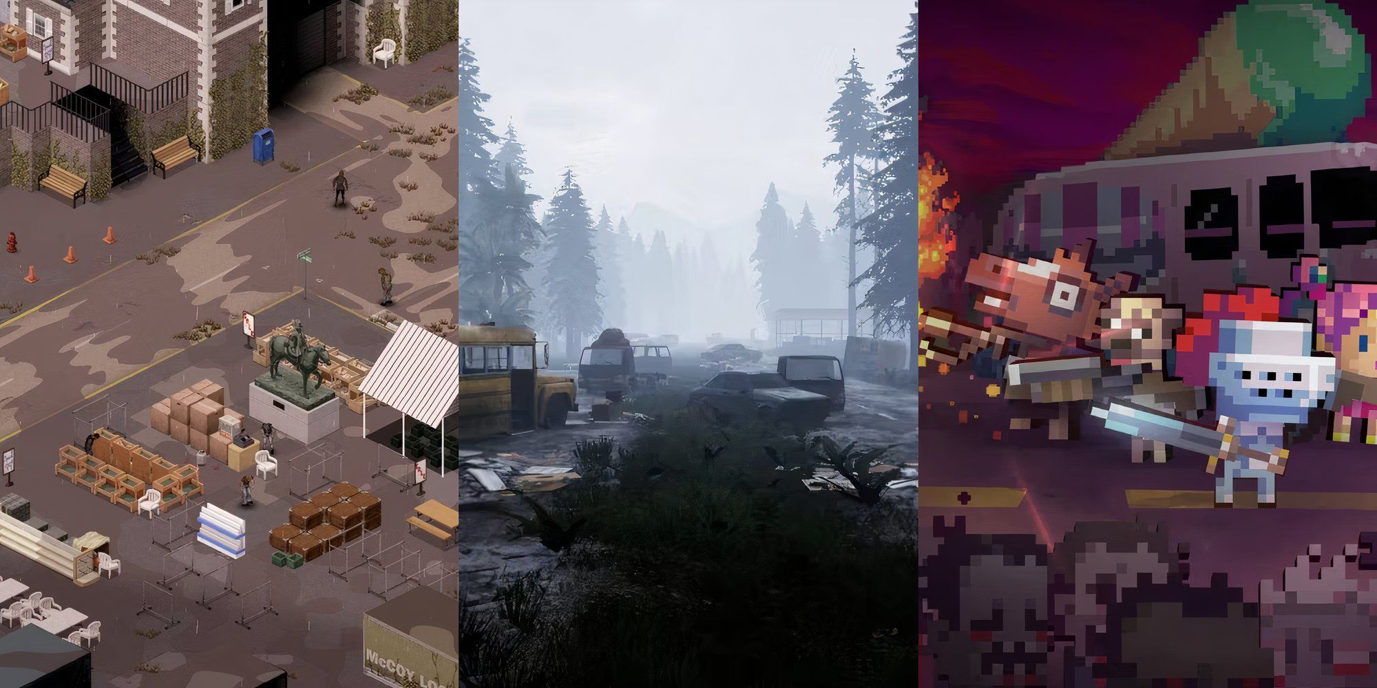 10 Best Indie Zombie Games image featuring Project Zomboid, Mist Survival, and Death Road To Canada
