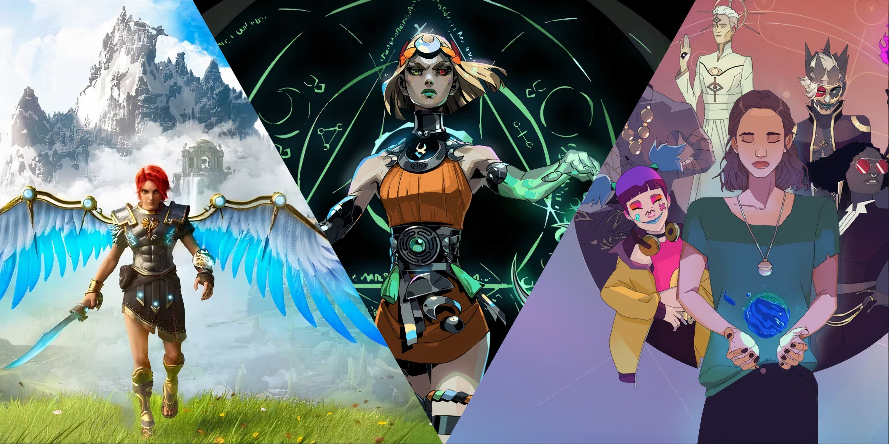 Three-image collage of Fen walking into frame on grassy plains with wings and sword out, Melinoe from the main art of Hades 2 in the center, and Polly and the main characters from Harmony: Fall of Reverie.