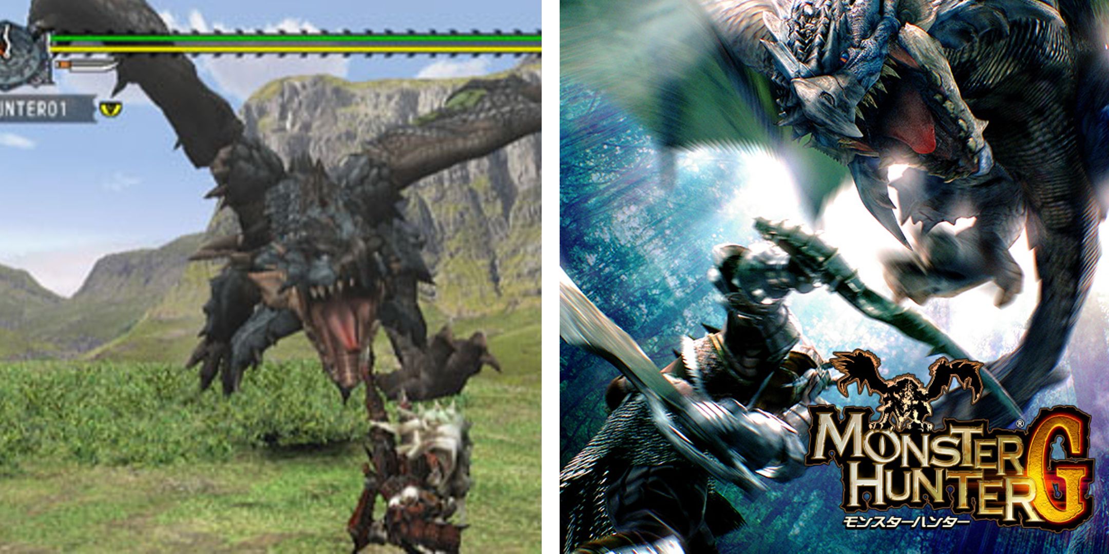 Split image featuring a large monster attacking a player character in a grassy valley on the left, and promo art featuring a logo and a winged creature attacking a warrior on the right.