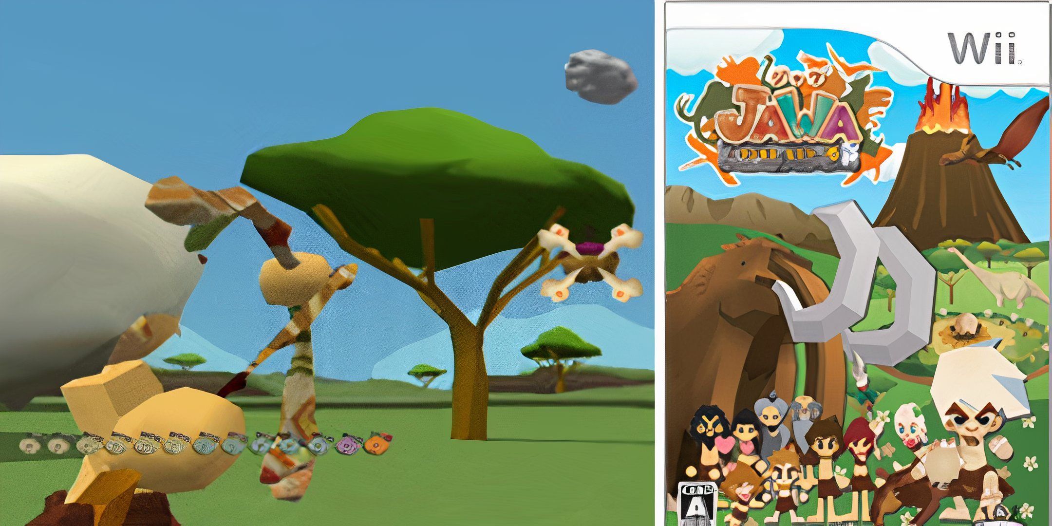 A white haired caveman aims a ranged shot at something in a tree, on the left, a group of cartoon cavemen stand before a mammoth and a distant volcano.