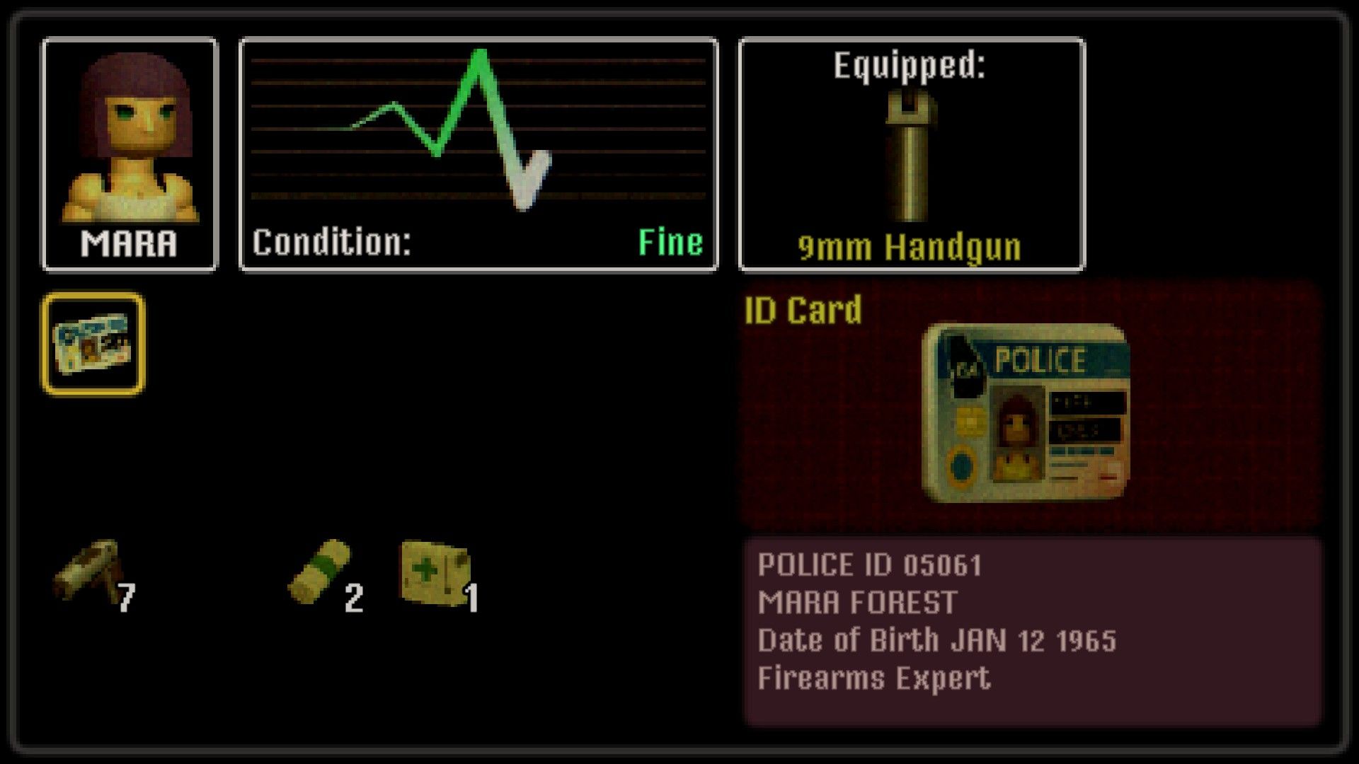 Crow Country inventory showing a Resident Evil style "Condition: fine" heartbeat, a 9mm Handgun, an ID card, and bandages