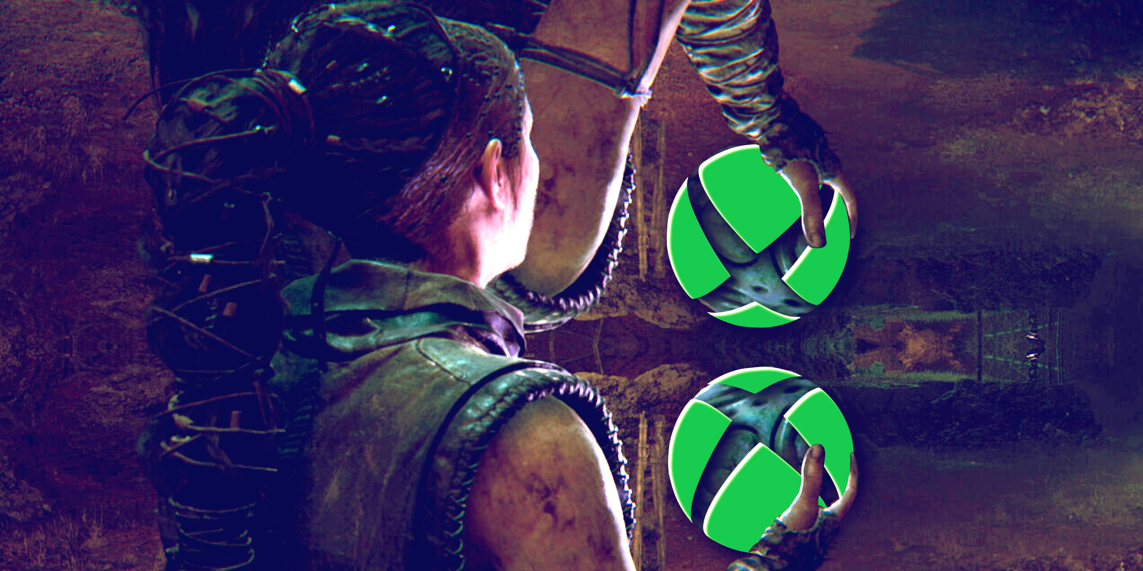 Senua from Senua's Saga: Hellblade 2 holding a green Xbox logo, which is reflected above