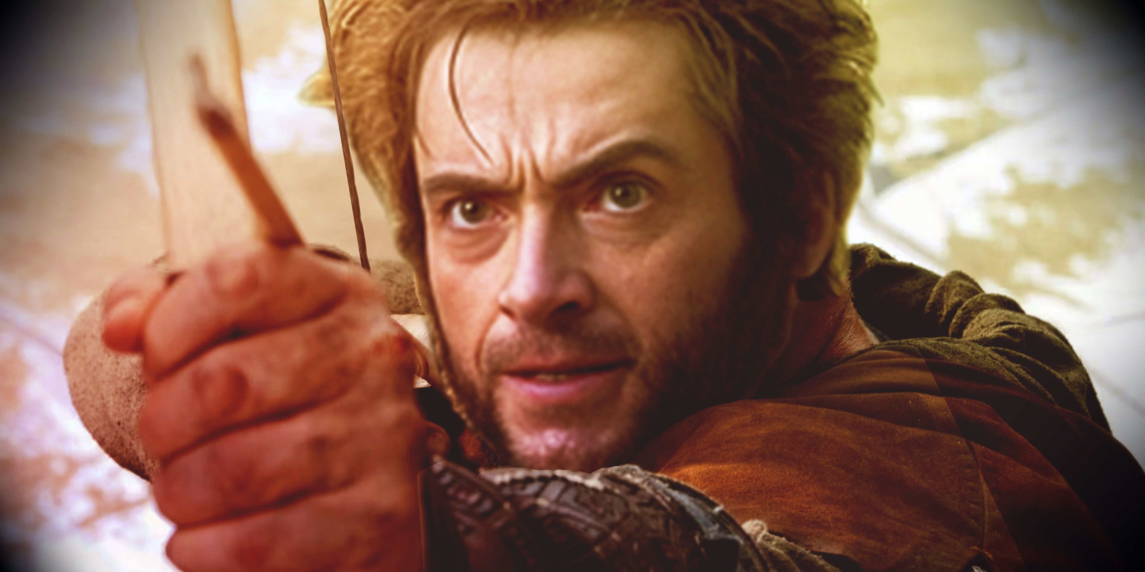 Hugh Jackman as Wolverine's head superimposed on Robin Hood's body, aiming a bow and arrow