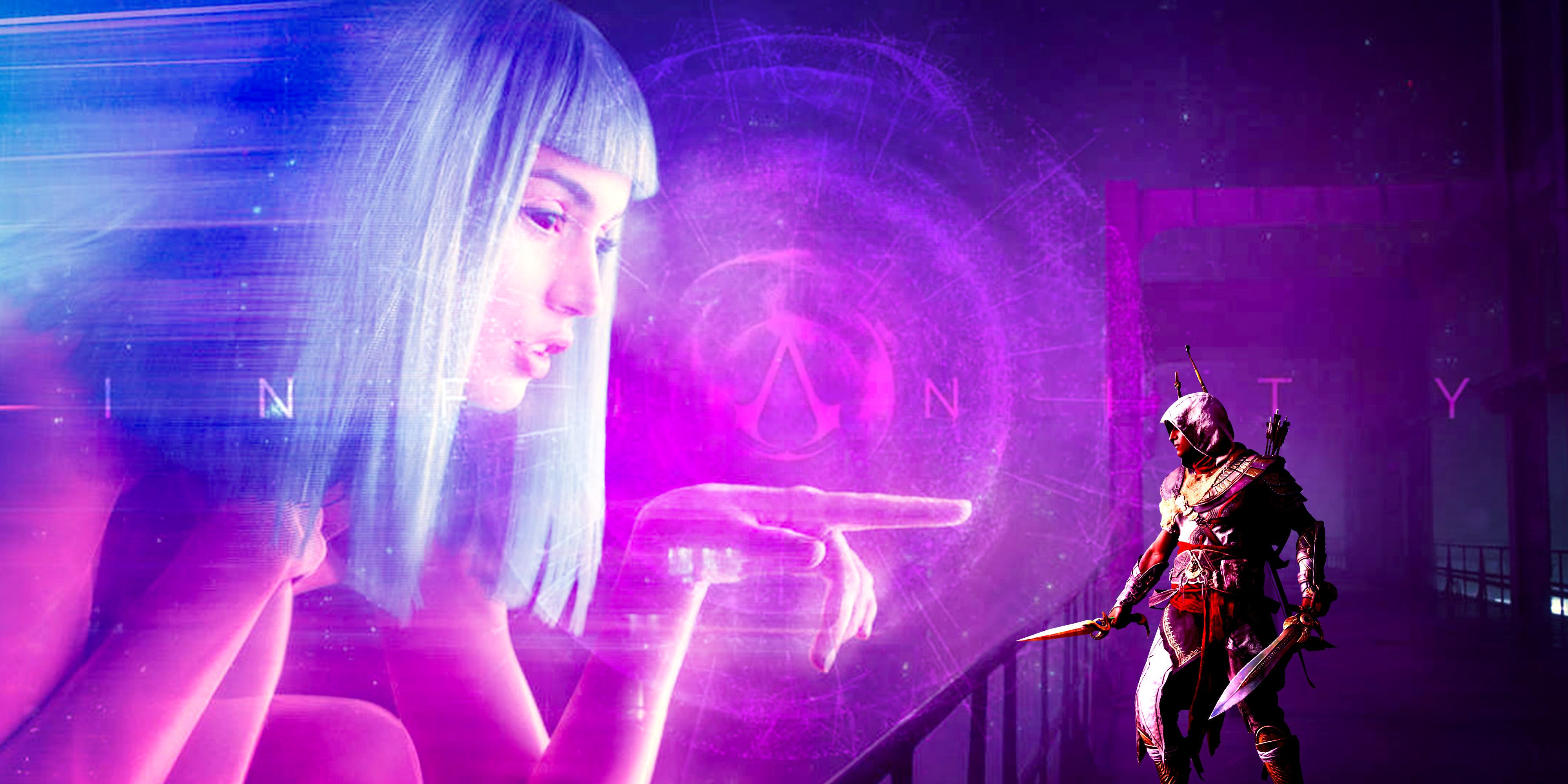 Ana de Armas as a huge hologram in Blade Runner 2049 reaching out to an assassin, with the Assassin's Creed logo in the background