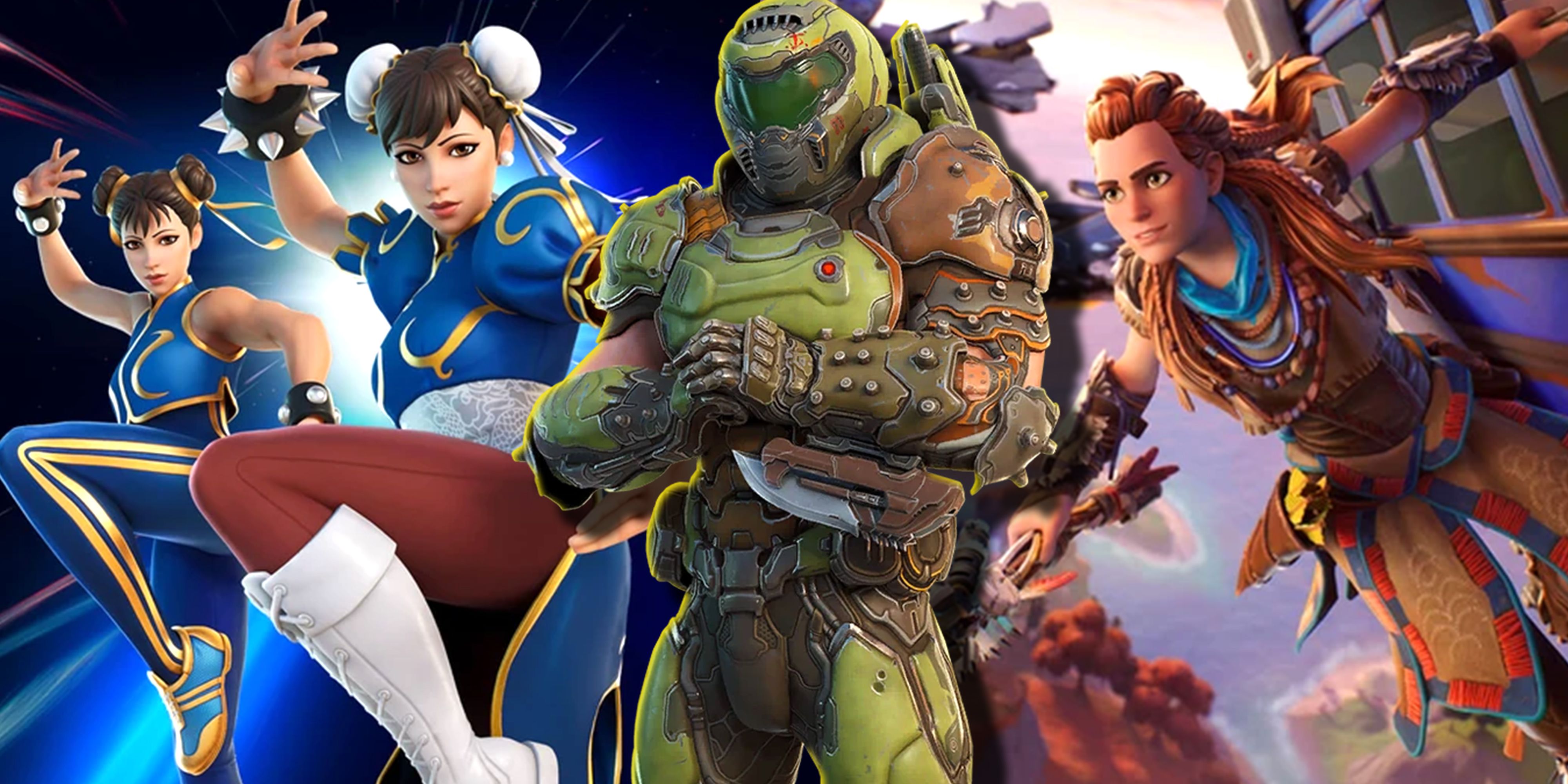 Fortnite skins Chun-Li, Doom Slayer and Aloy.