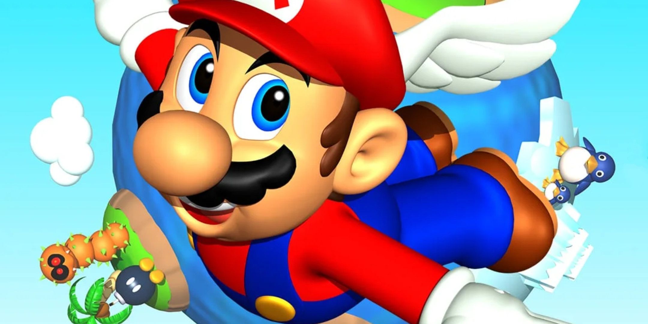 A close up of Mario flying with a planet behind him