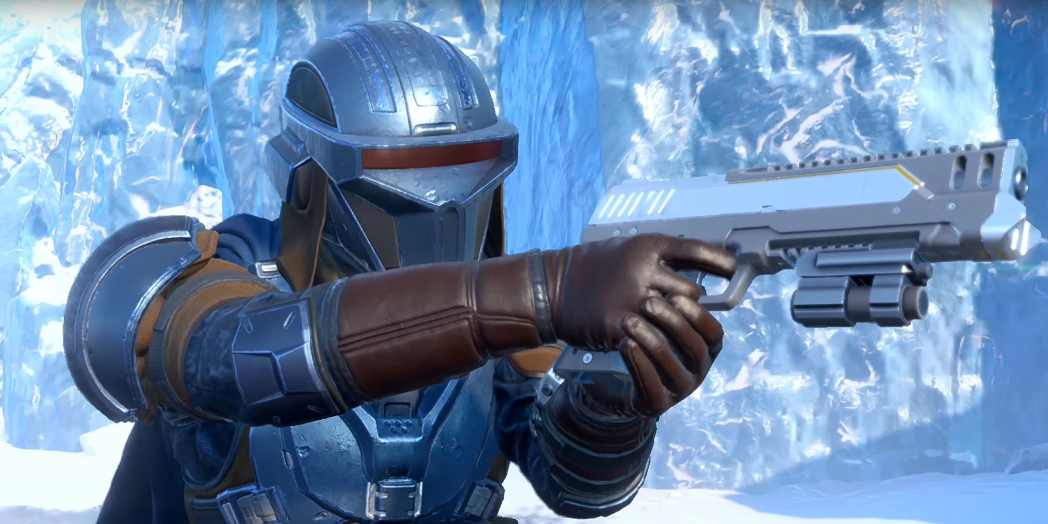 A Helldiver in dark blue armor holding a pistol in both hands