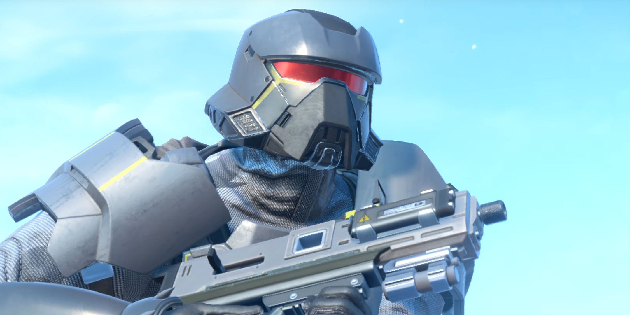 A Helldivers 2 soldier in grey armor with a blue sky in the background