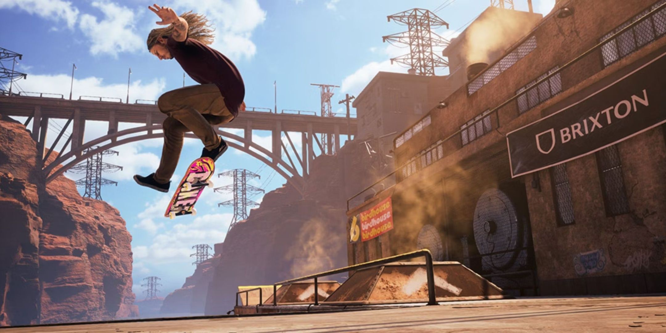 A skateboarder performs a trick in the Downhill Jam level in Tony Hawk's Pro Skater 1 + 2.