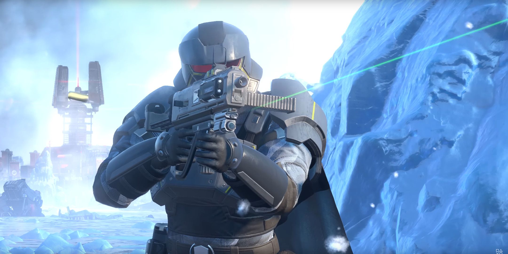 A soldier on a snowy planet aiming a rifle off screen