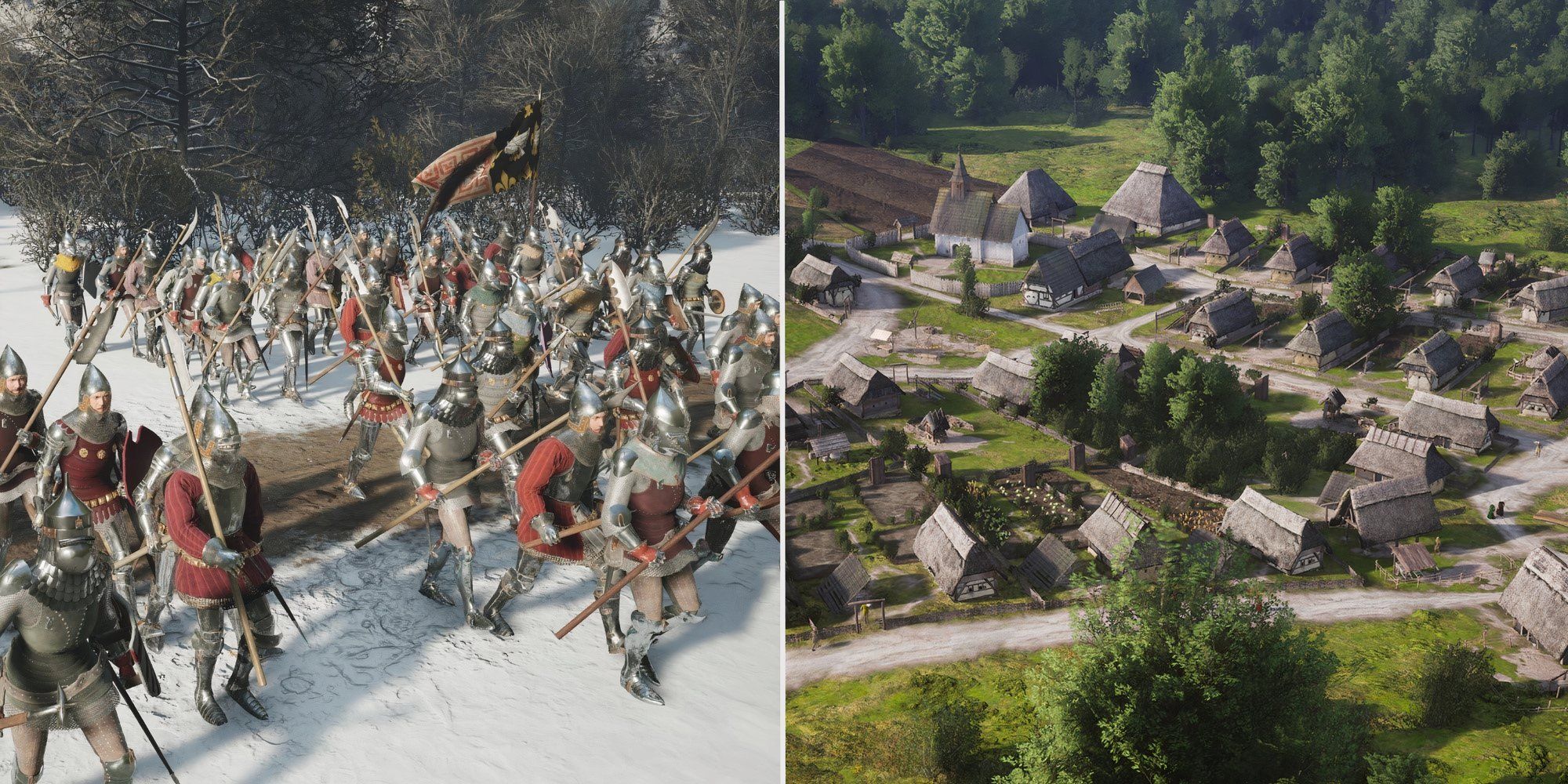 A split image showing a large army and a town in Manor Lords