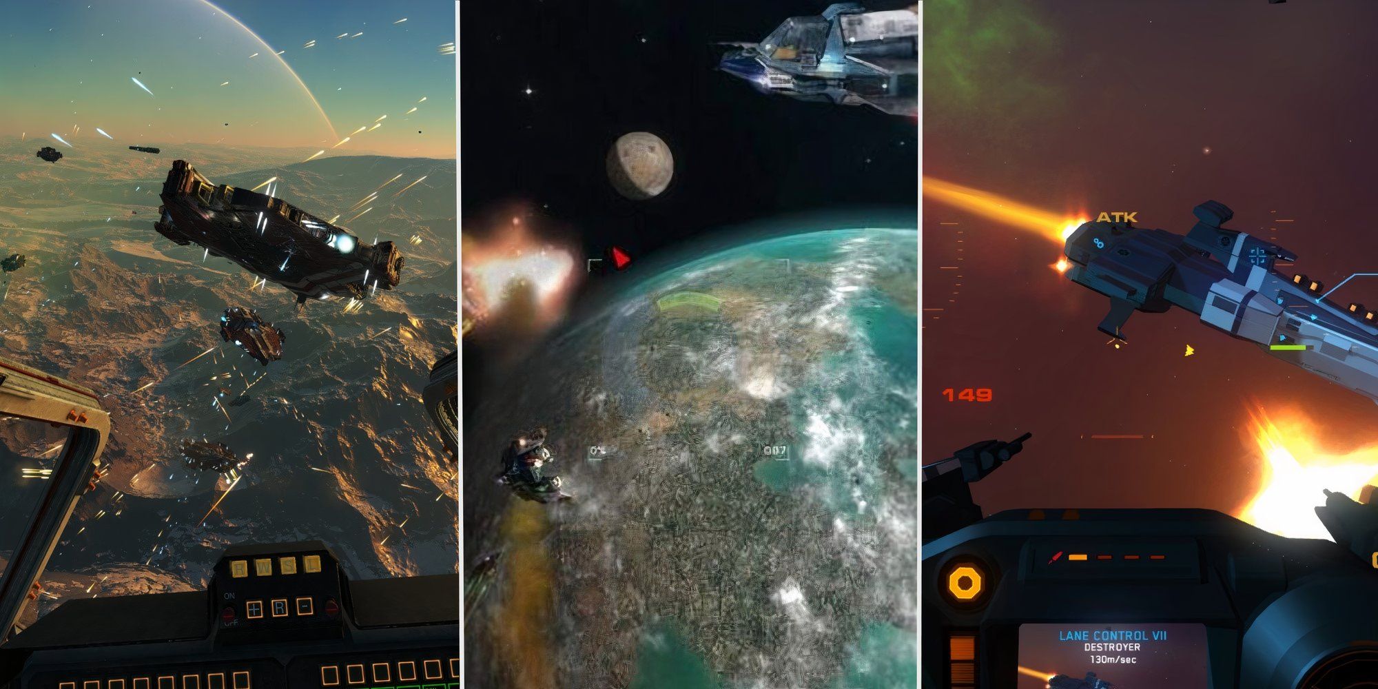 A split image showing images from Infinity Battlescape, Darkkstar One, and House of the Dying Sun-1