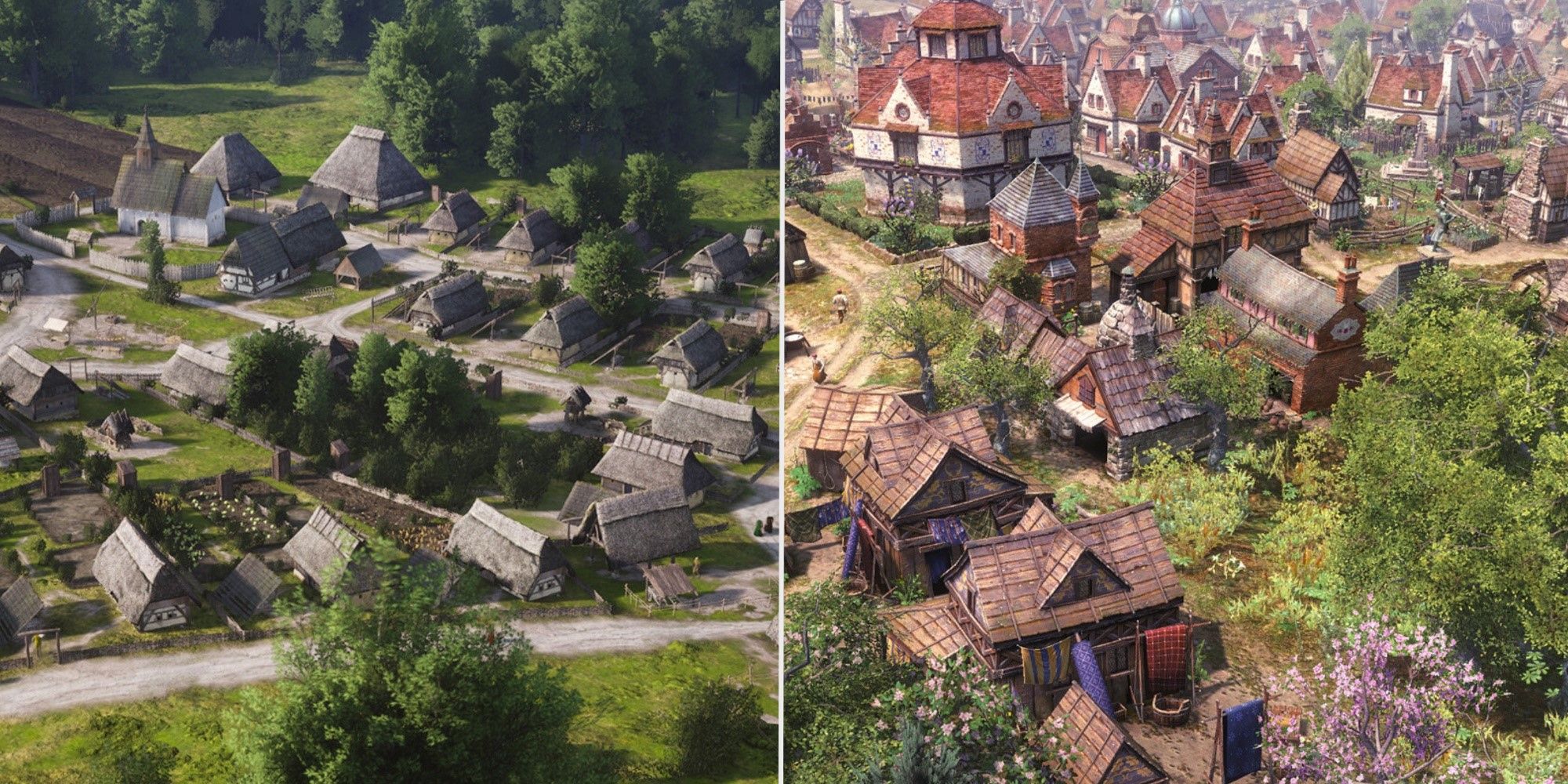 A split image showing towns in Manor Lords and Farthest Frontier