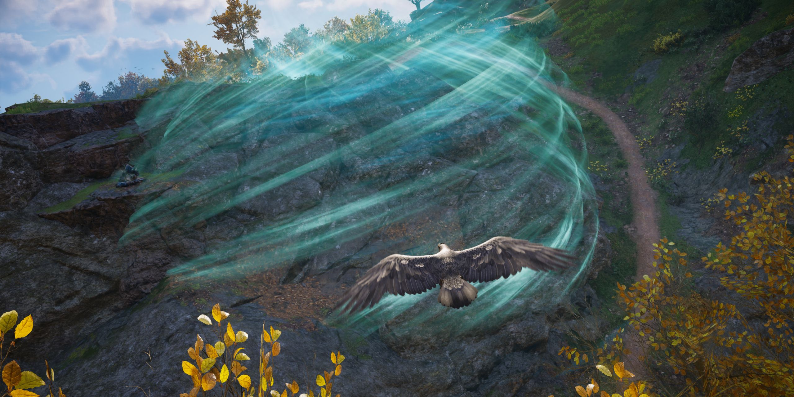 Crow flying towards a green whirlwind in AC Valhalla.